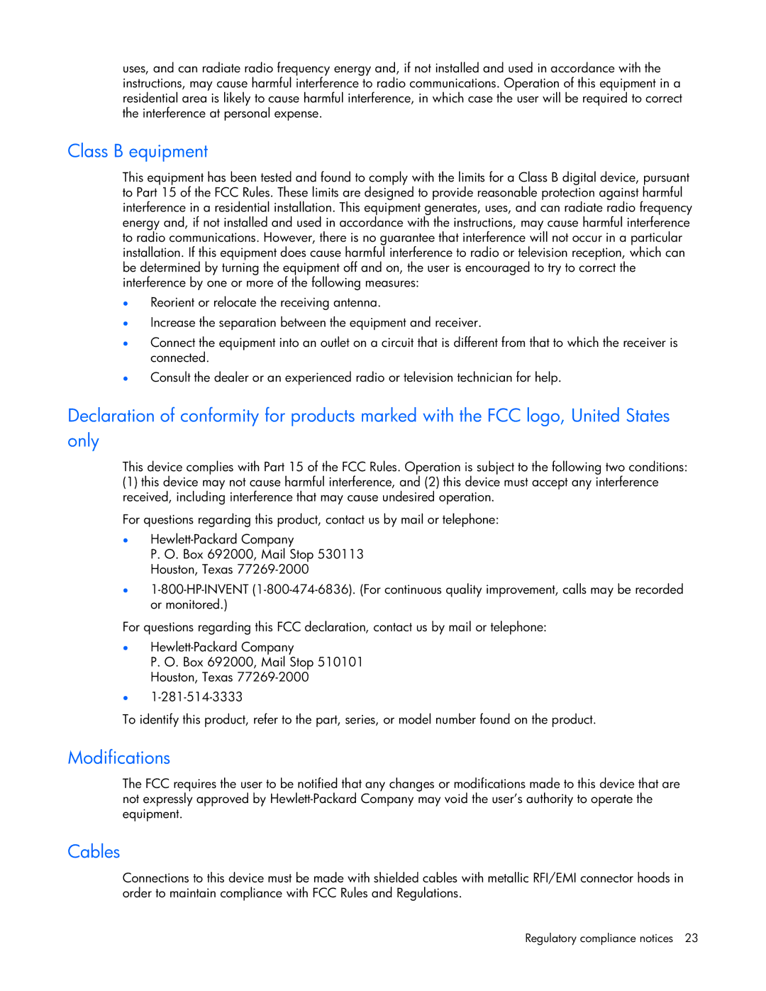 HP TFT7600 manual Class B equipment, Modifications, Cables 