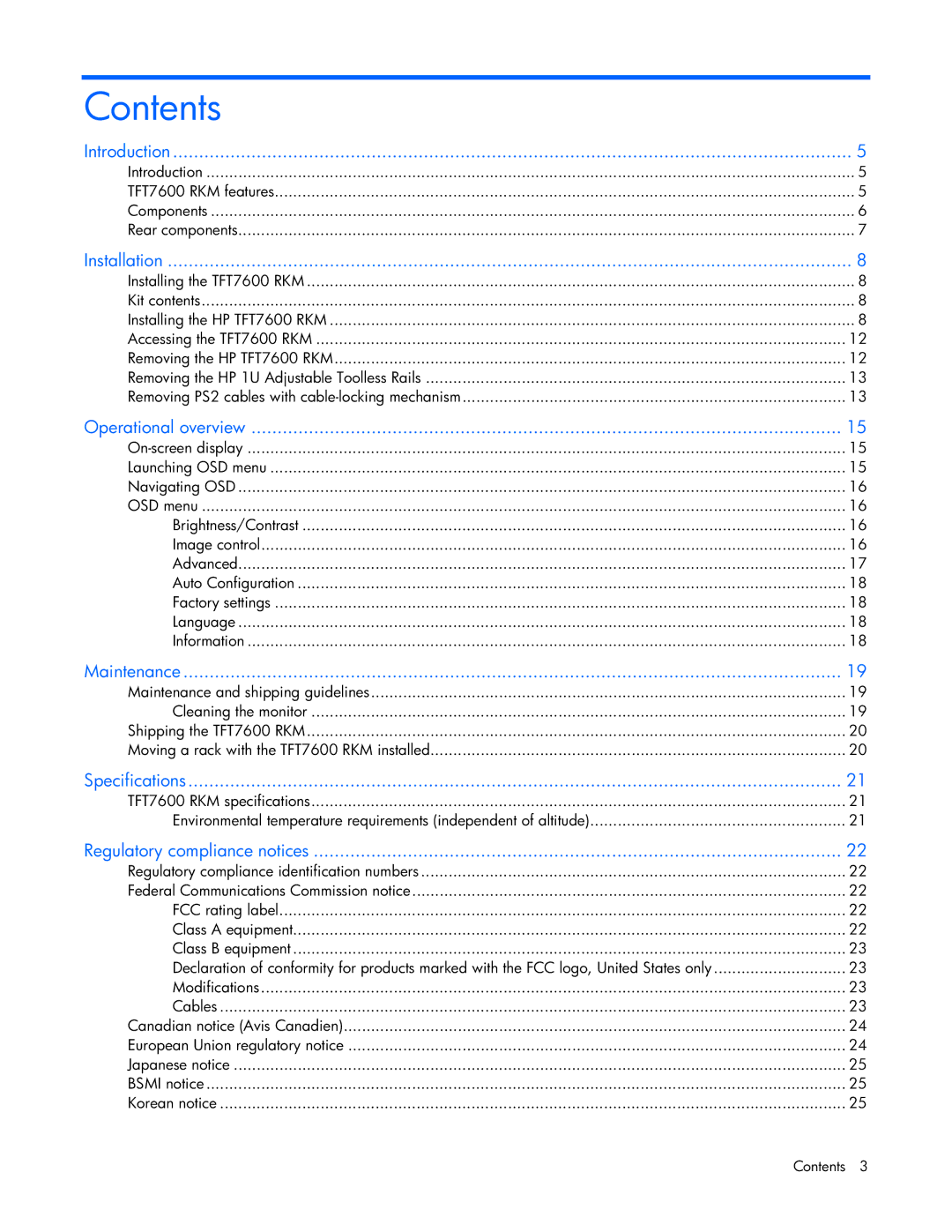 HP TFT7600 manual Contents 