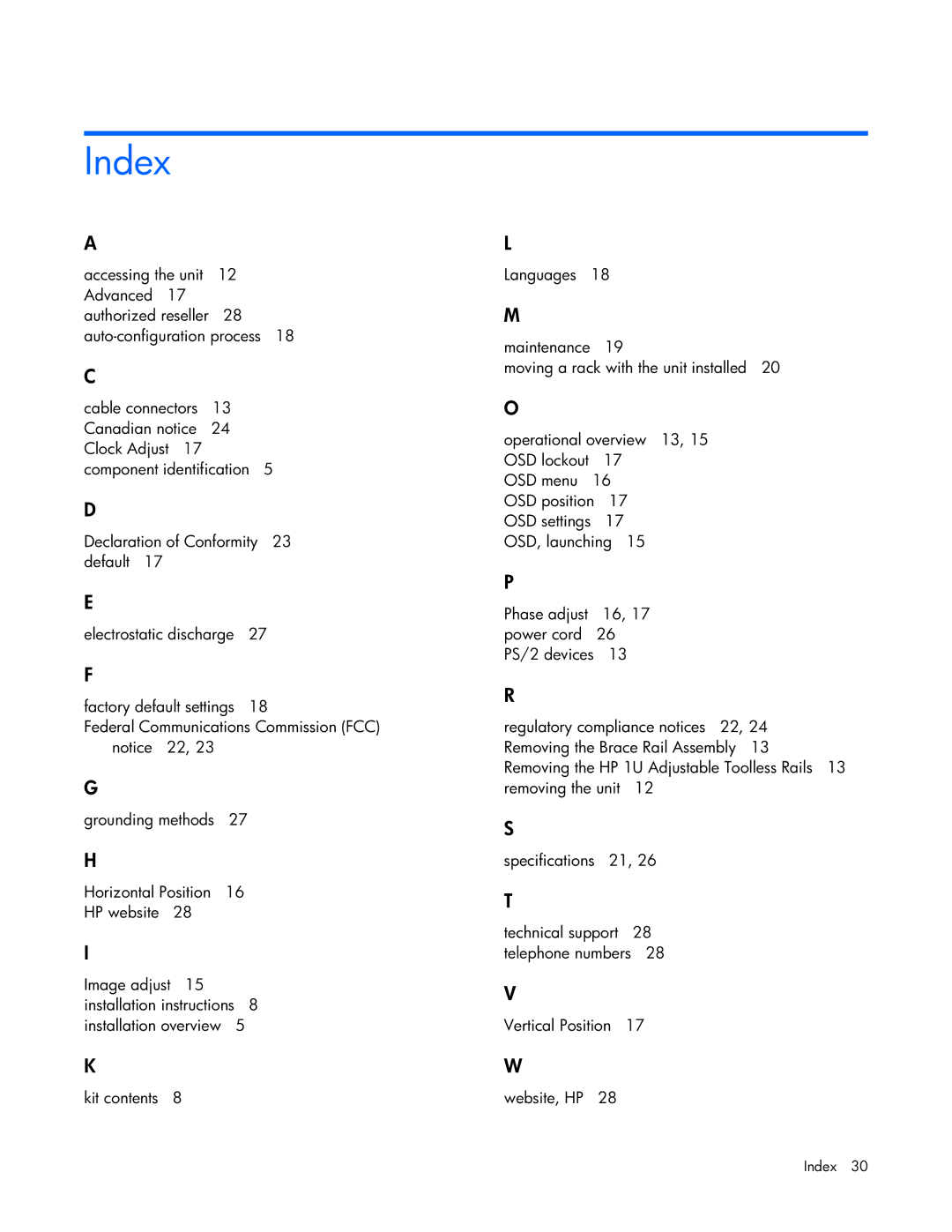 HP TFT7600 manual Index 