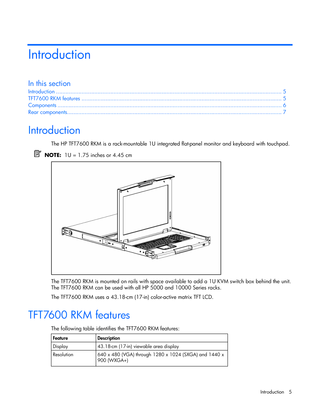 HP manual Introduction, TFT7600 RKM features, This section 