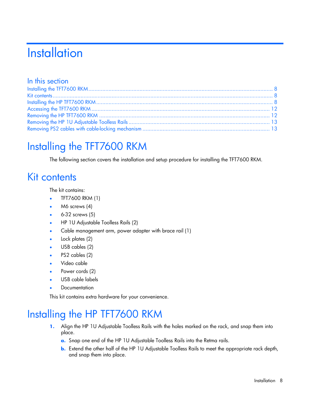 HP manual Installation, Installing the TFT7600 RKM, Kit contents, Installing the HP TFT7600 RKM 