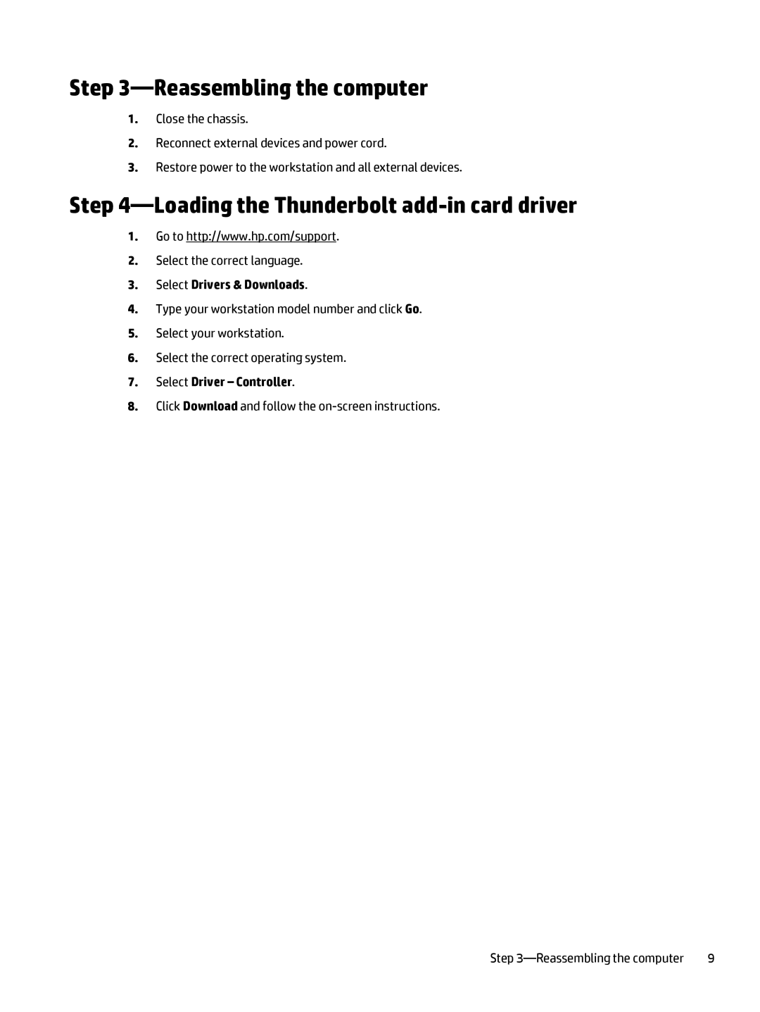 HP Thunderbolt-2 Ie 1-port I/O Card manual Reassembling the computer, Loading the Thunderbolt add-in card driver 