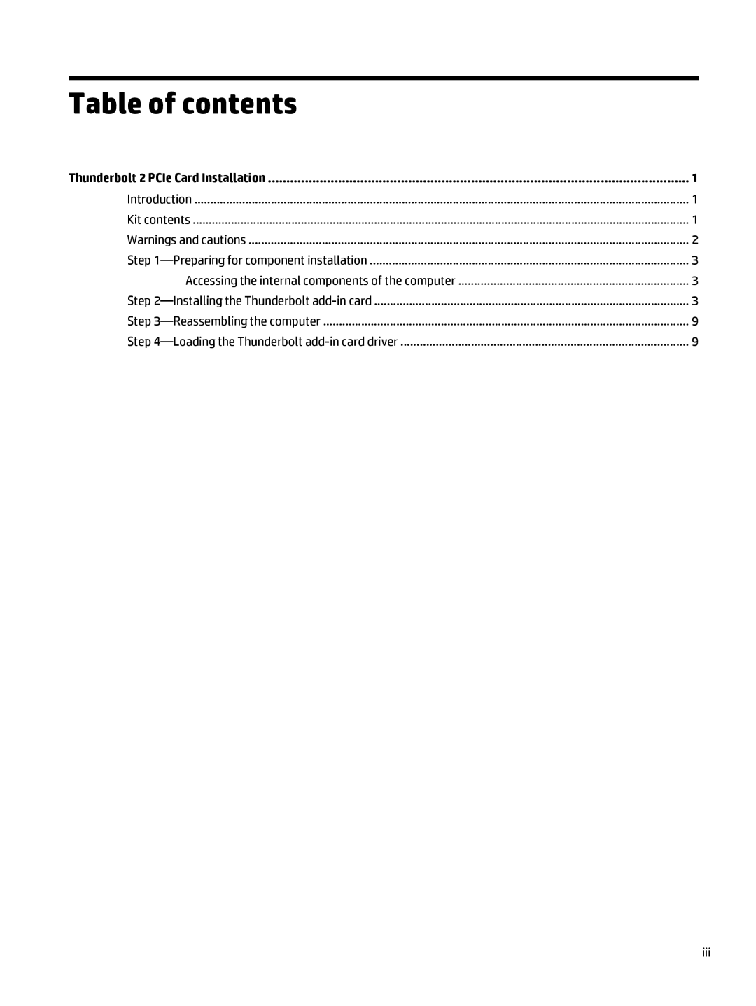 HP Thunderbolt-2 Ie 1-port I/O Card manual Table of contents 