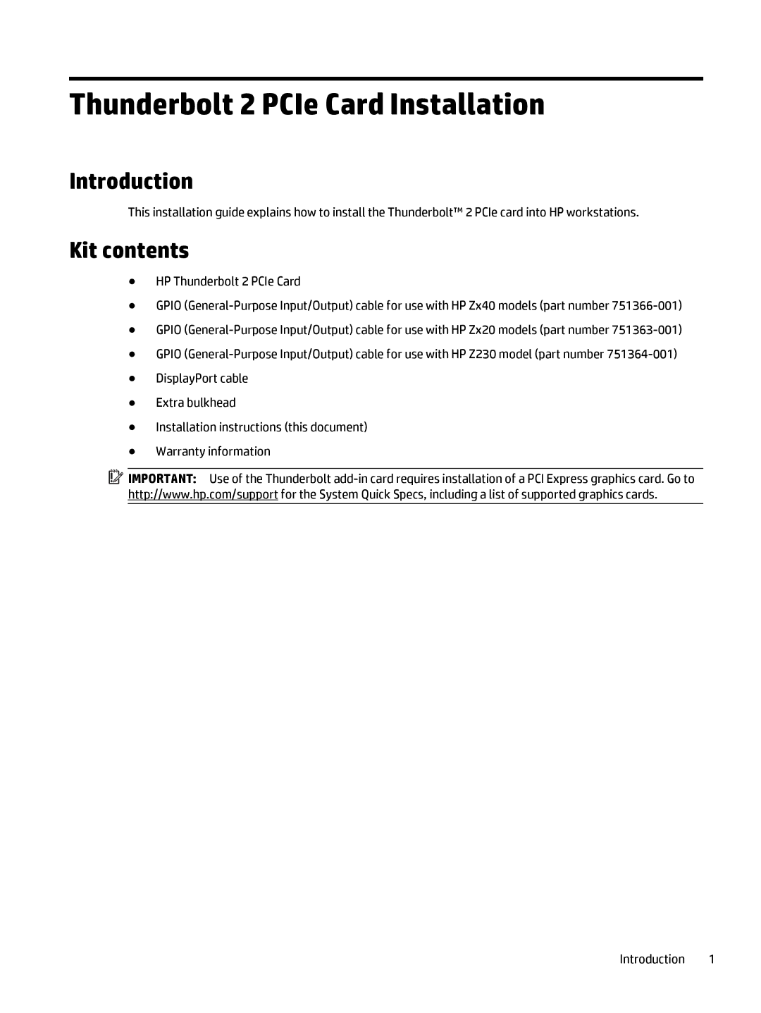 HP Thunderbolt-2 Ie 1-port I/O Card manual Introduction, Kit contents 