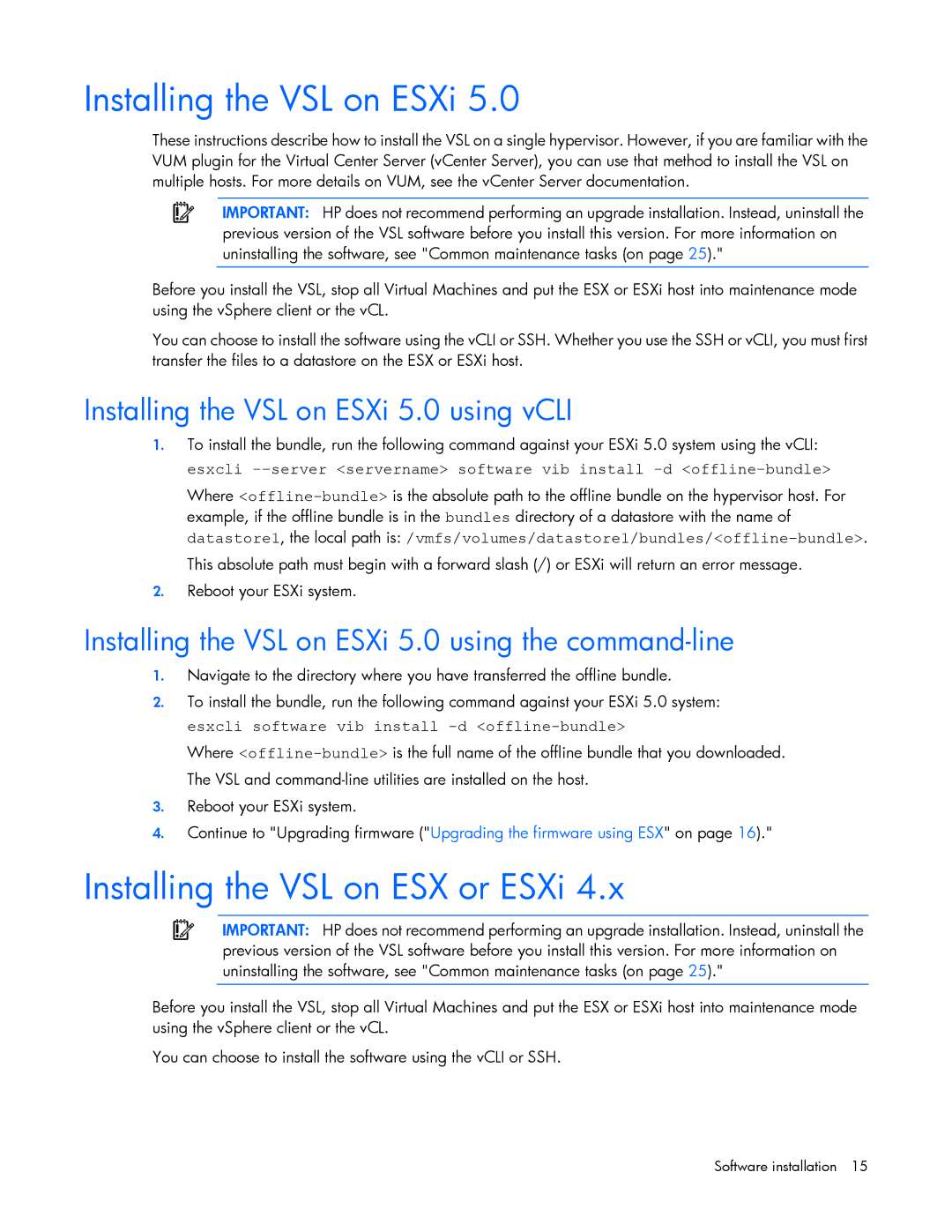 HP Thunderbolt 2-Port AiO Module ESXi/ESX manual Installing the VSL on ESXi, Installing the VSL on ESX or ESXi 