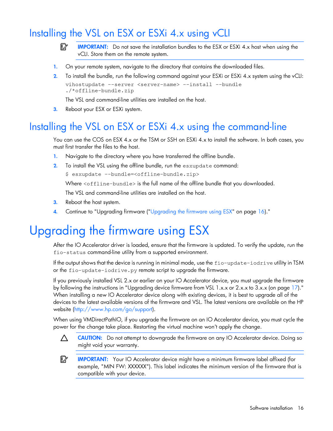 HP Thunderbolt 2-Port AiO Module ESXi/ESX manual Upgrading the firmware using ESX 