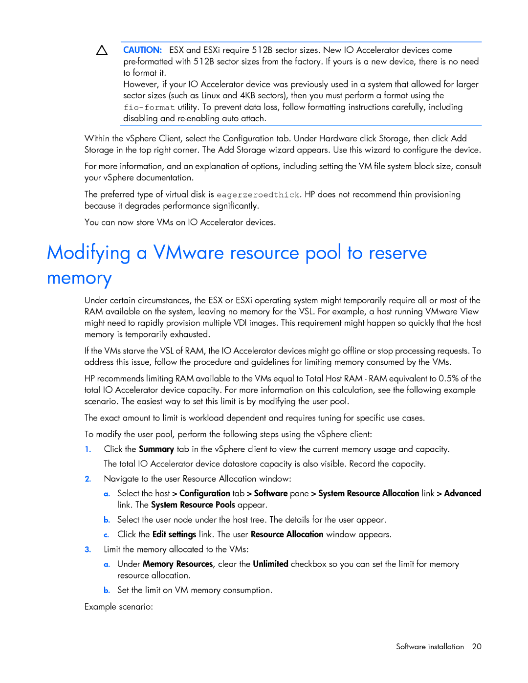 HP Thunderbolt 2-Port AiO Module ESXi/ESX manual Modifying a VMware resource pool to reserve memory 