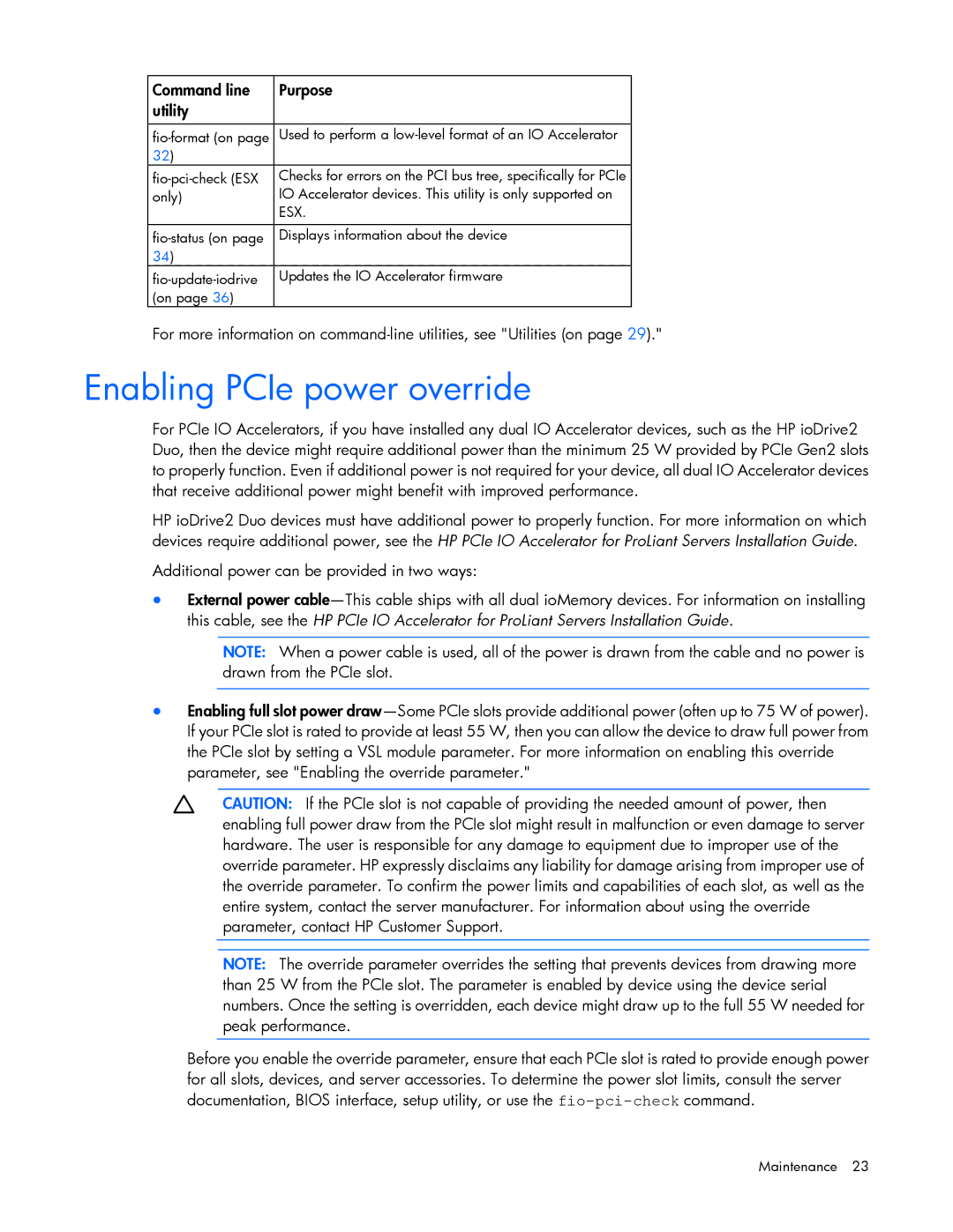 HP Thunderbolt 2-Port AiO Module ESXi/ESX manual Enabling PCIe power override, Command line Purpose Utility 