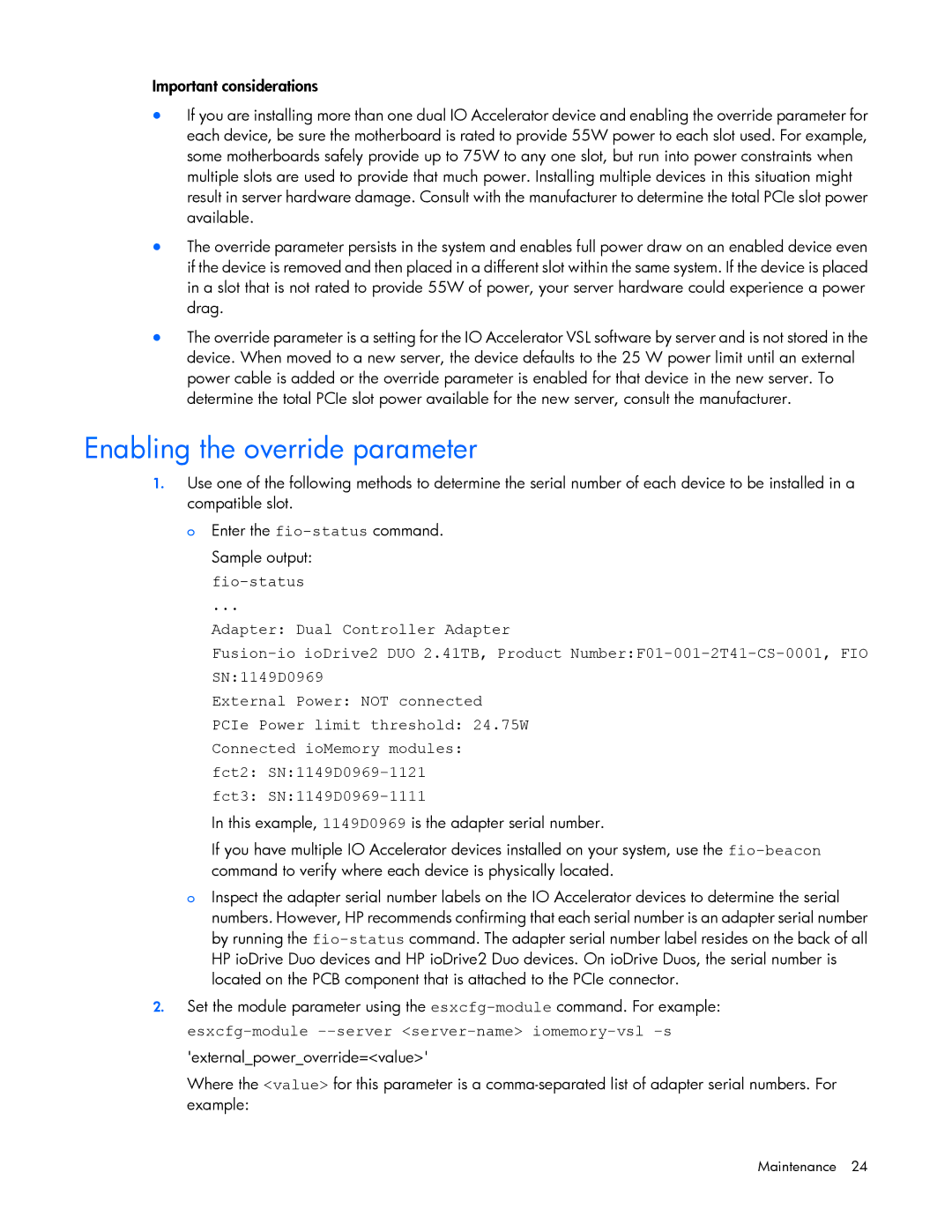 HP Thunderbolt 2-Port AiO Module ESXi/ESX manual Enabling the override parameter 