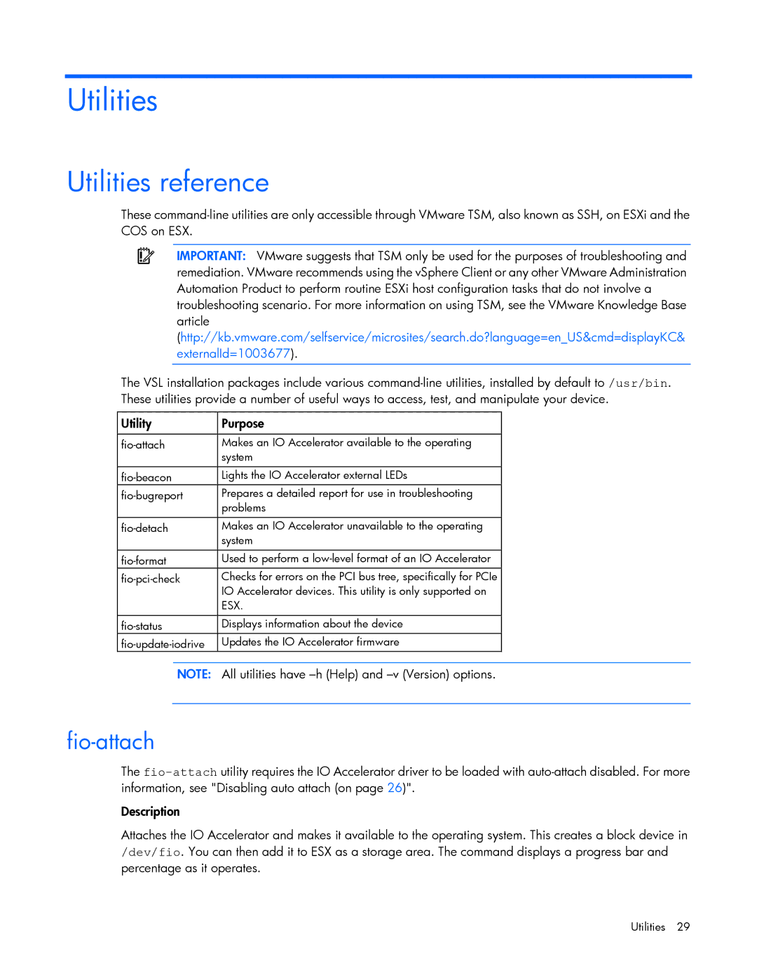 HP Thunderbolt 2-Port AiO Module ESXi/ESX manual Utilities reference, Fio-attach 