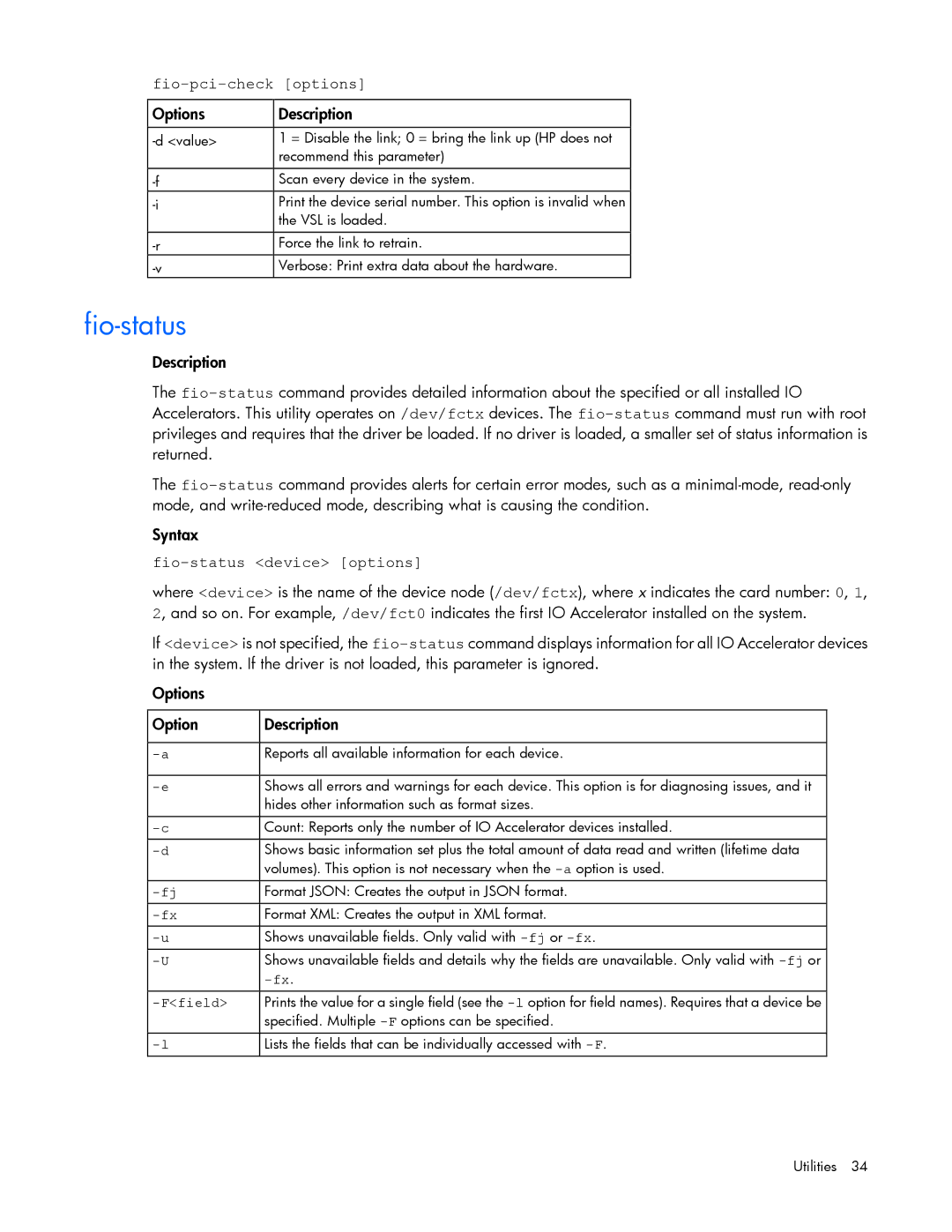 HP Thunderbolt 2-Port AiO Module ESXi/ESX manual Fio-pci-check options, Fio-status device options 