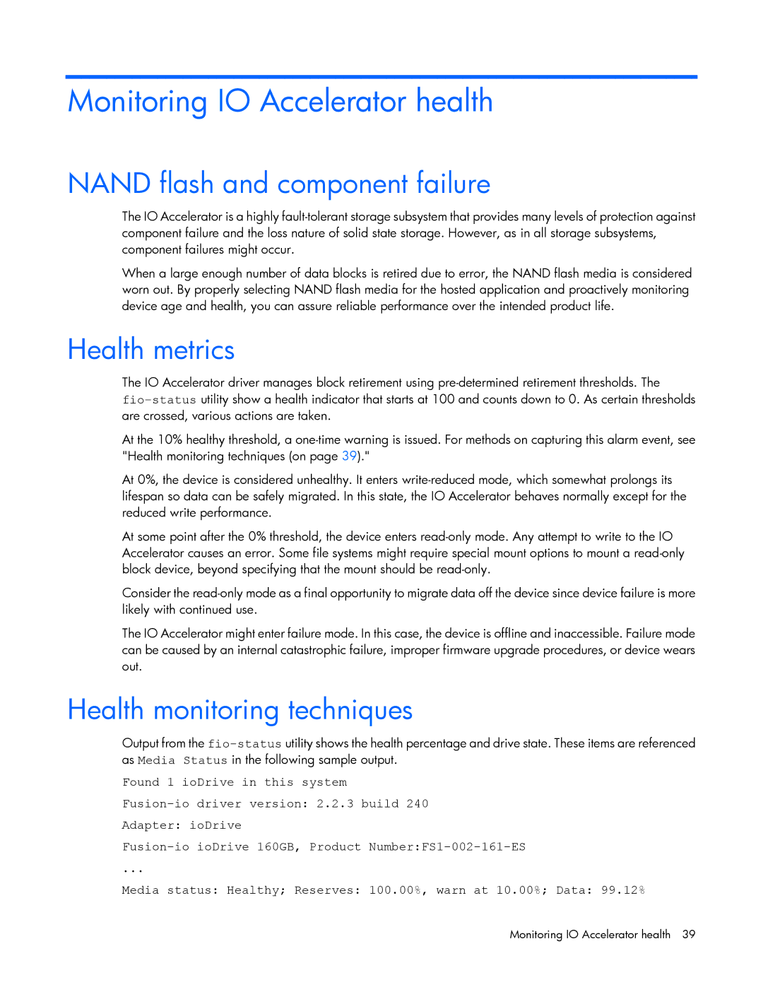 HP Thunderbolt 2-Port AiO Module ESXi/ESX manual Monitoring IO Accelerator health, Nand flash and component failure 