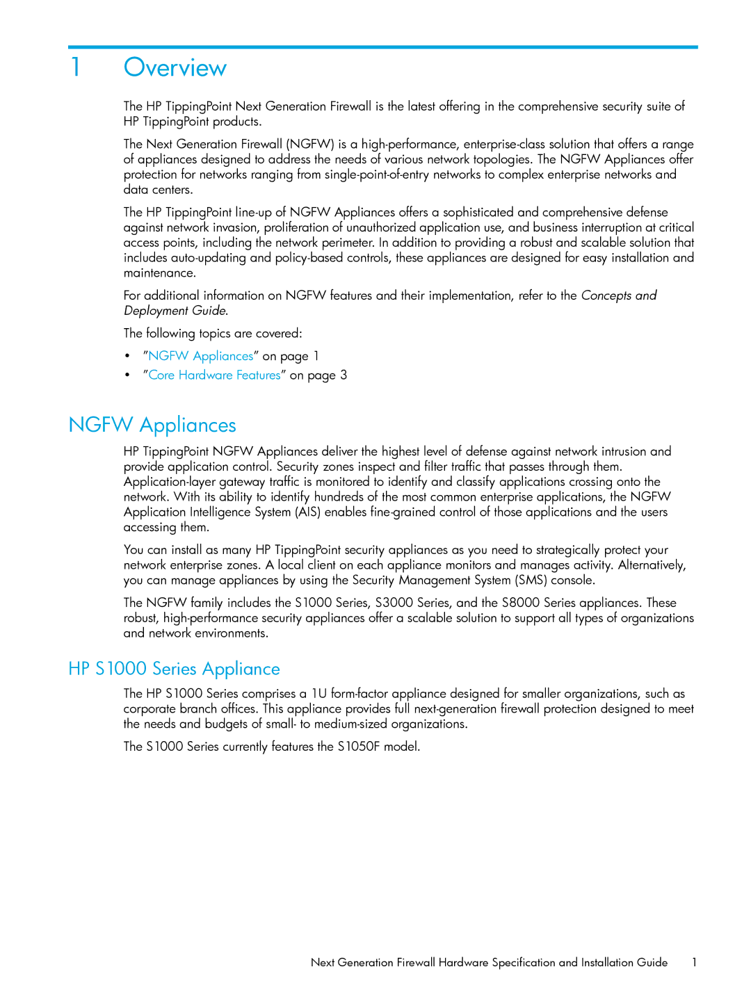 HP TippingPoint Next Generation Firewall manual Overview, Ngfw Appliances, HP S1000 Series Appliance 