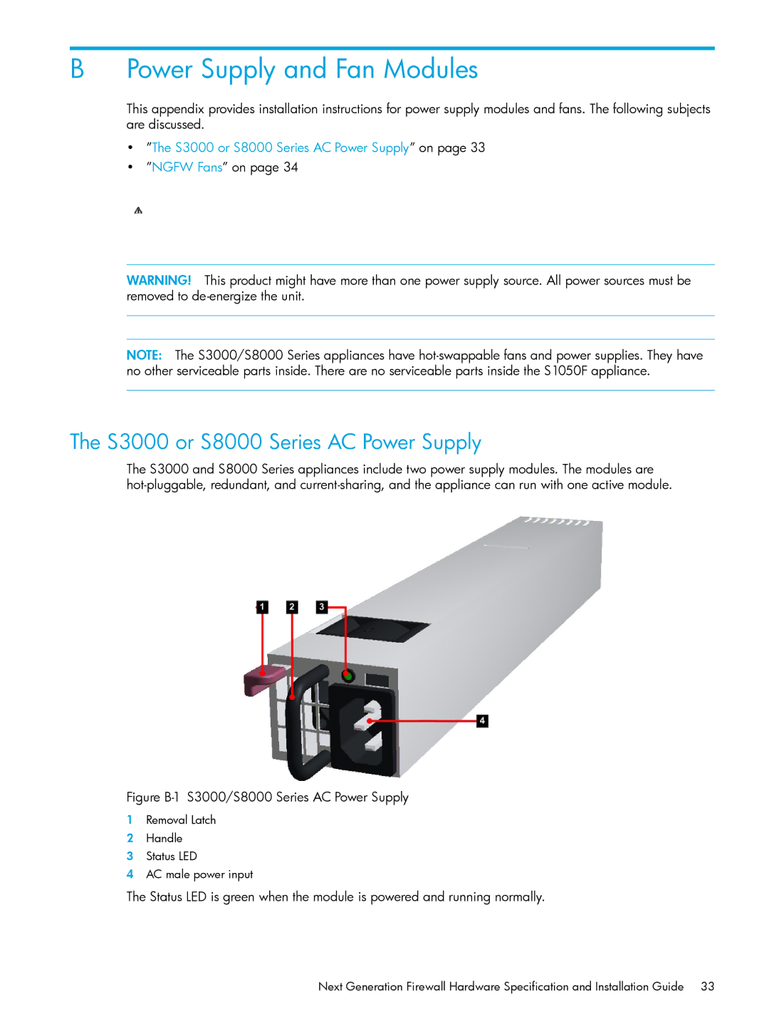 HP TippingPoint Next Generation Firewall manual Power Supply and Fan Modules, S3000 or S8000 Series AC Power Supply 