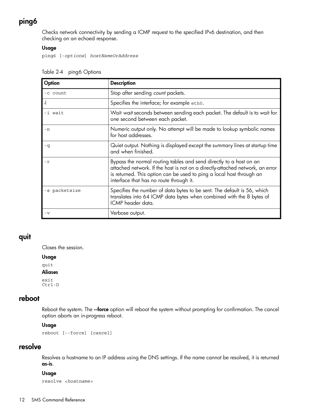 HP TippingPoint Next Generation Firewall manual Ping6, Quit, Reboot, Resolve 