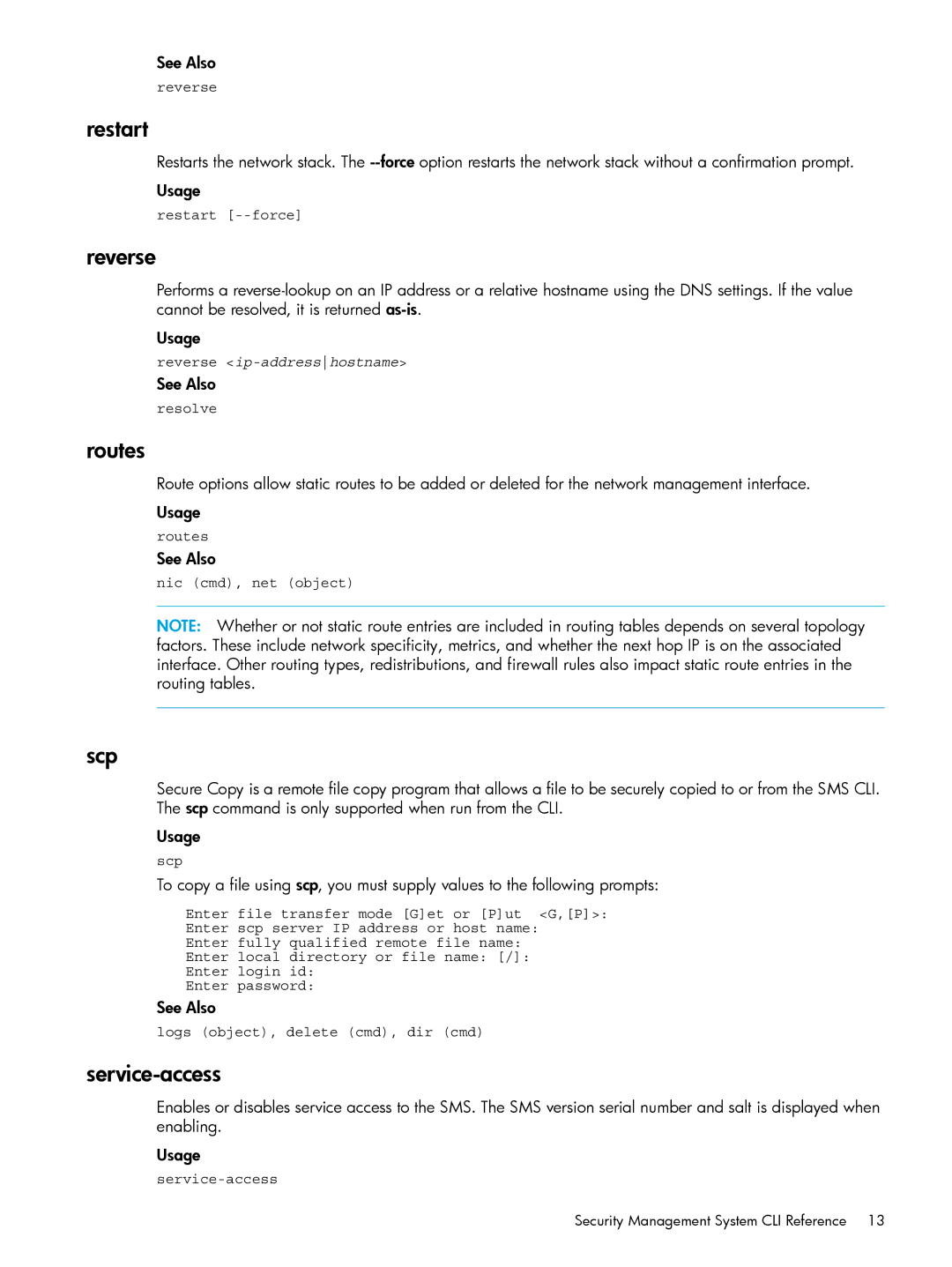 HP TippingPoint Next Generation Firewall manual Restart, Reverse, Routes, Scp, Service-access 