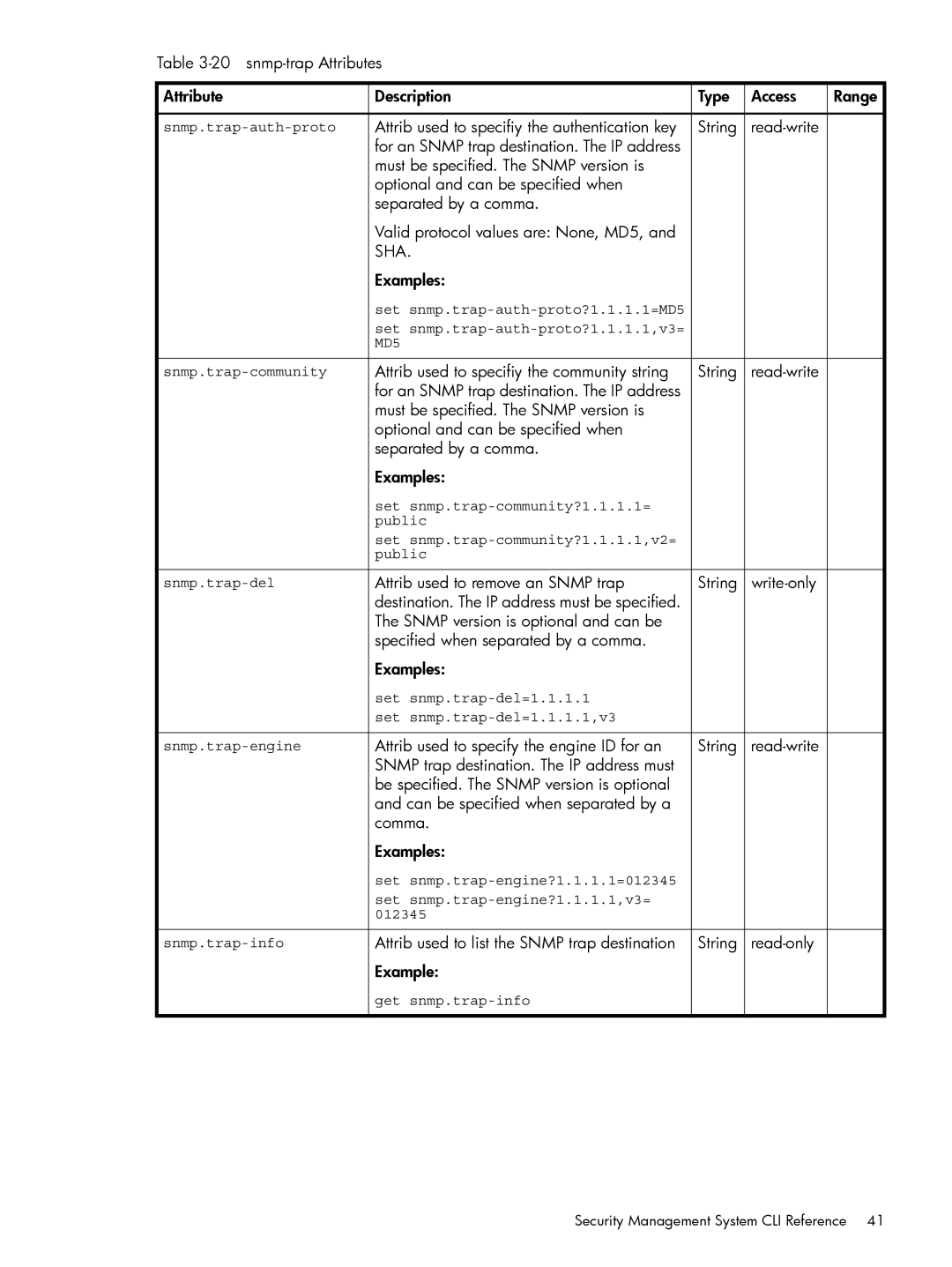 HP TippingPoint Next Generation Firewall manual Attrib used to remove an Snmp trap String Write-only 