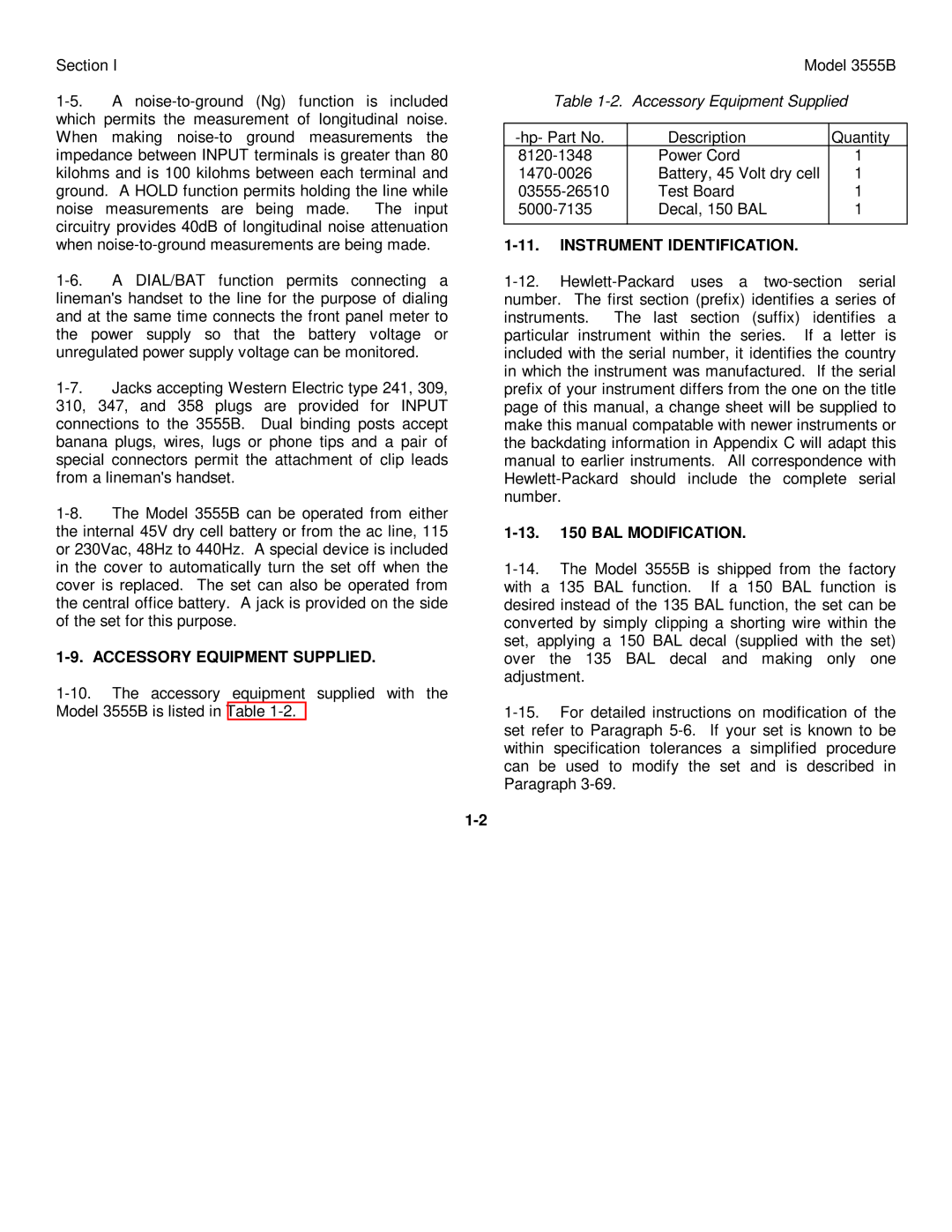 HP TM 11-6625-2779-14&P manual Accessory Equipment Supplied, Instrument Identification, BAL Modification 