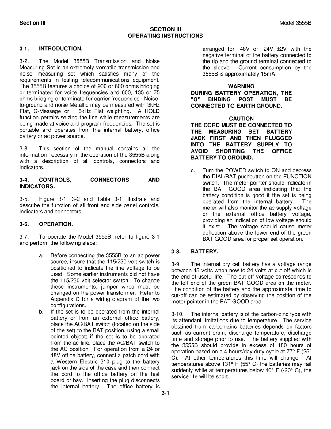 HP TM 11-6625-2779-14&P manual Section, Operating Instructions, Controls Connectors Indicators, Operation, Battery 