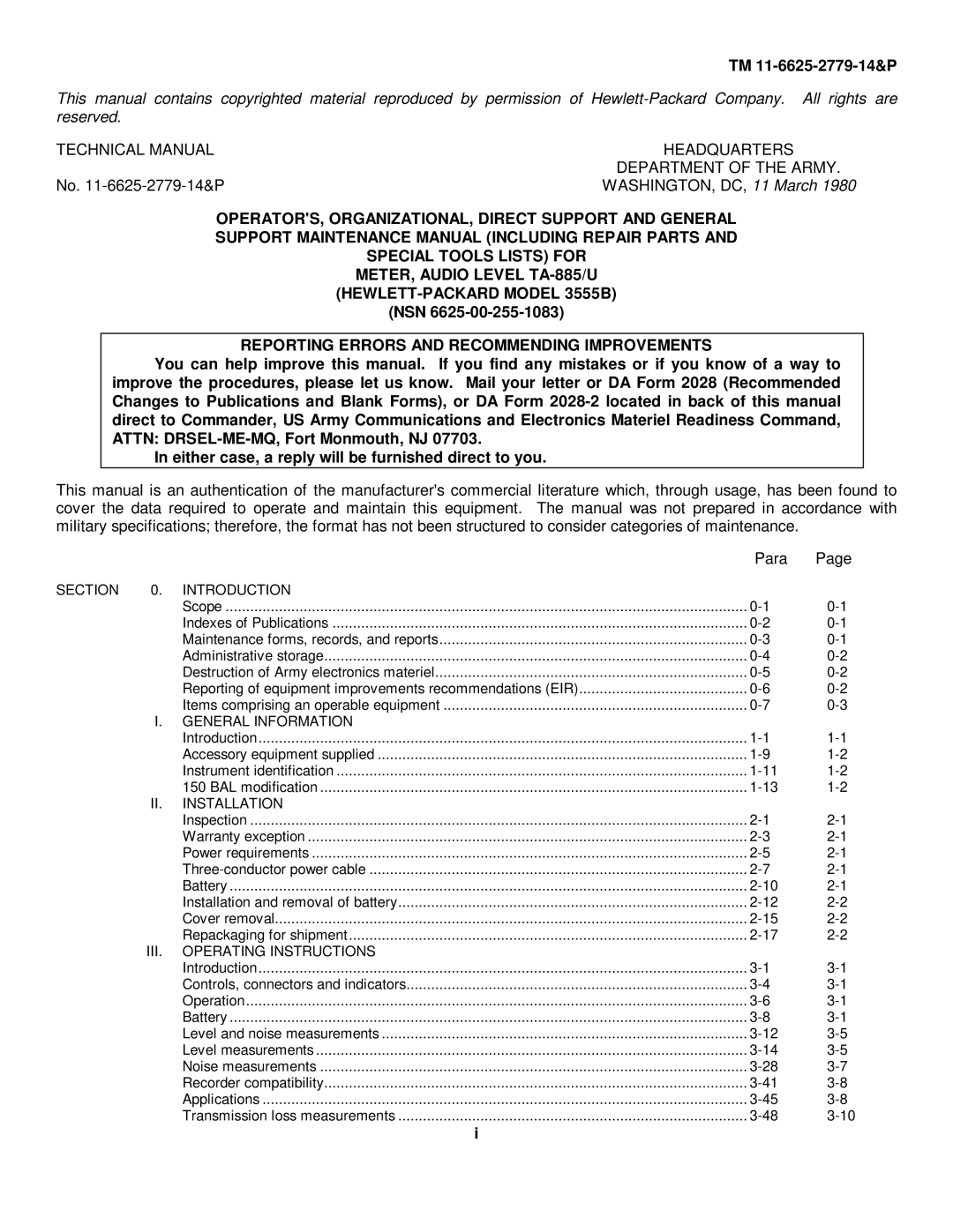 HP TM 11-6625-2779-14&P manual Technical Manual Headquarters Department of the Army, Nsn 