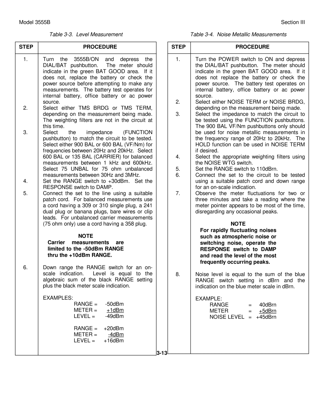 HP TM 11-6625-2779-14&P manual Level Measurement Noise Metallic Measurements, Step Procedure 