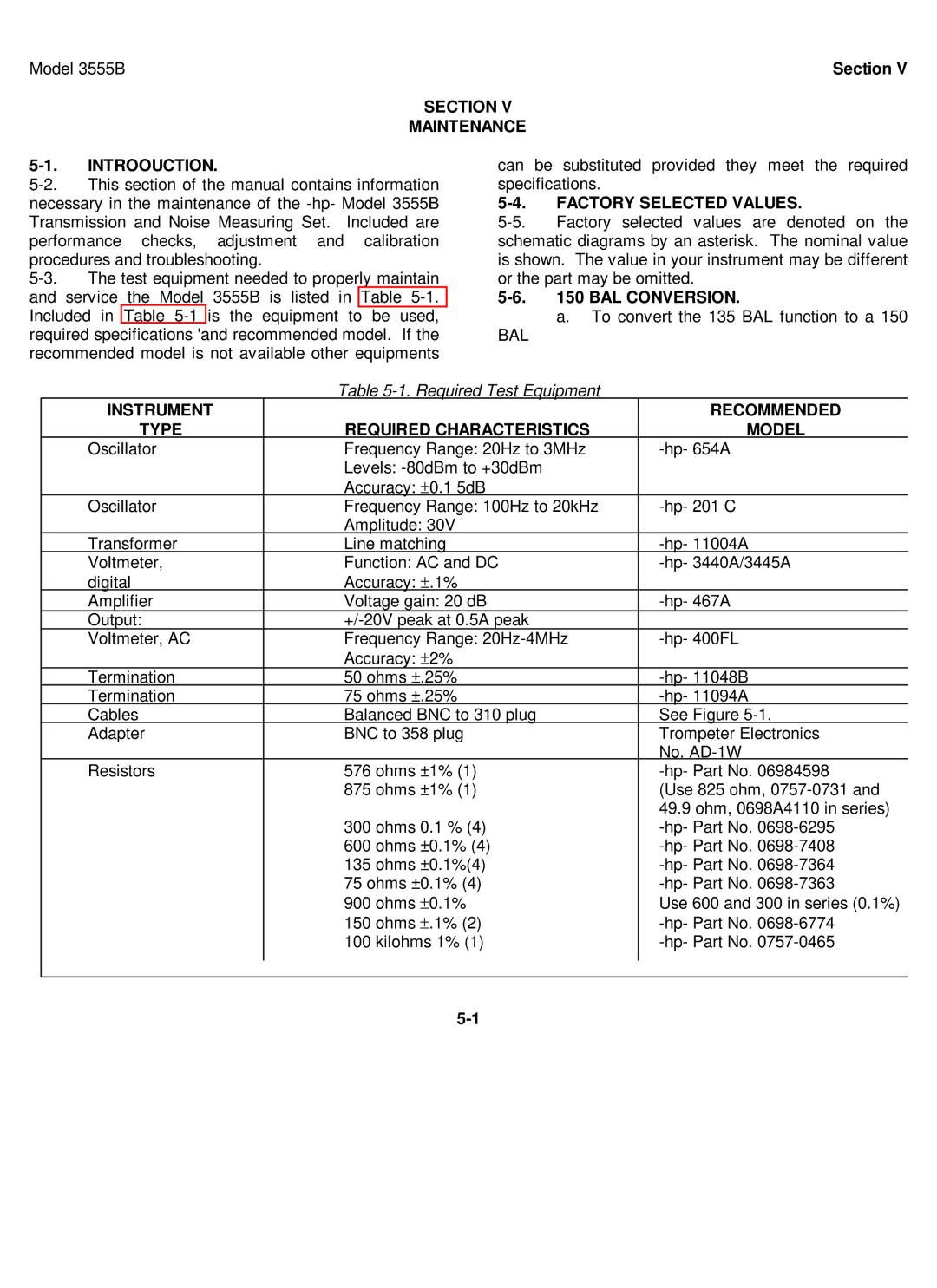 HP TM 11-6625-2779-14&P Section Maintenance Introouction, Factory Selected Values, BAL Conversion, Required Test Equipment 