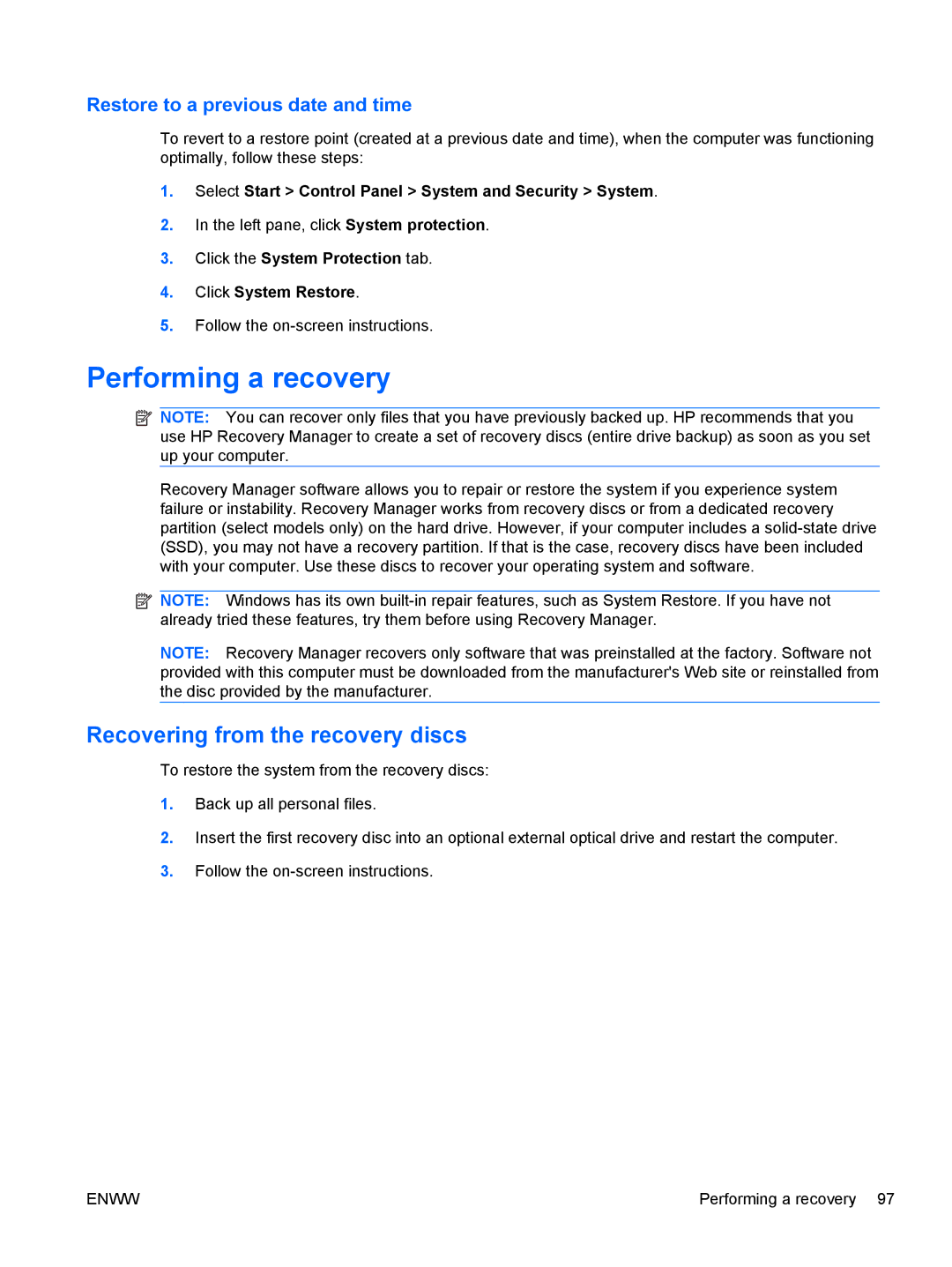 HP tm2-1013tx, tm2-1073nr, tm2-1070us, tm2-1079cl, tm2-1072nr manual Performing a recovery, Recovering from the recovery discs 