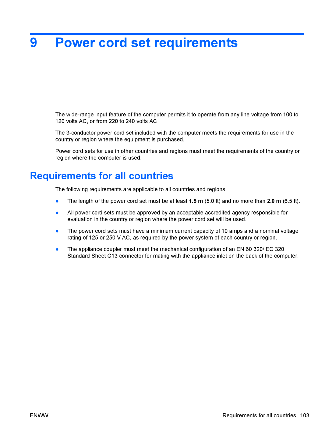 HP tm2-1001xx, tm2-1073nr, tm2-1070us, tm2-1079cl, tm2-1072nr Power cord set requirements, Requirements for all countries 