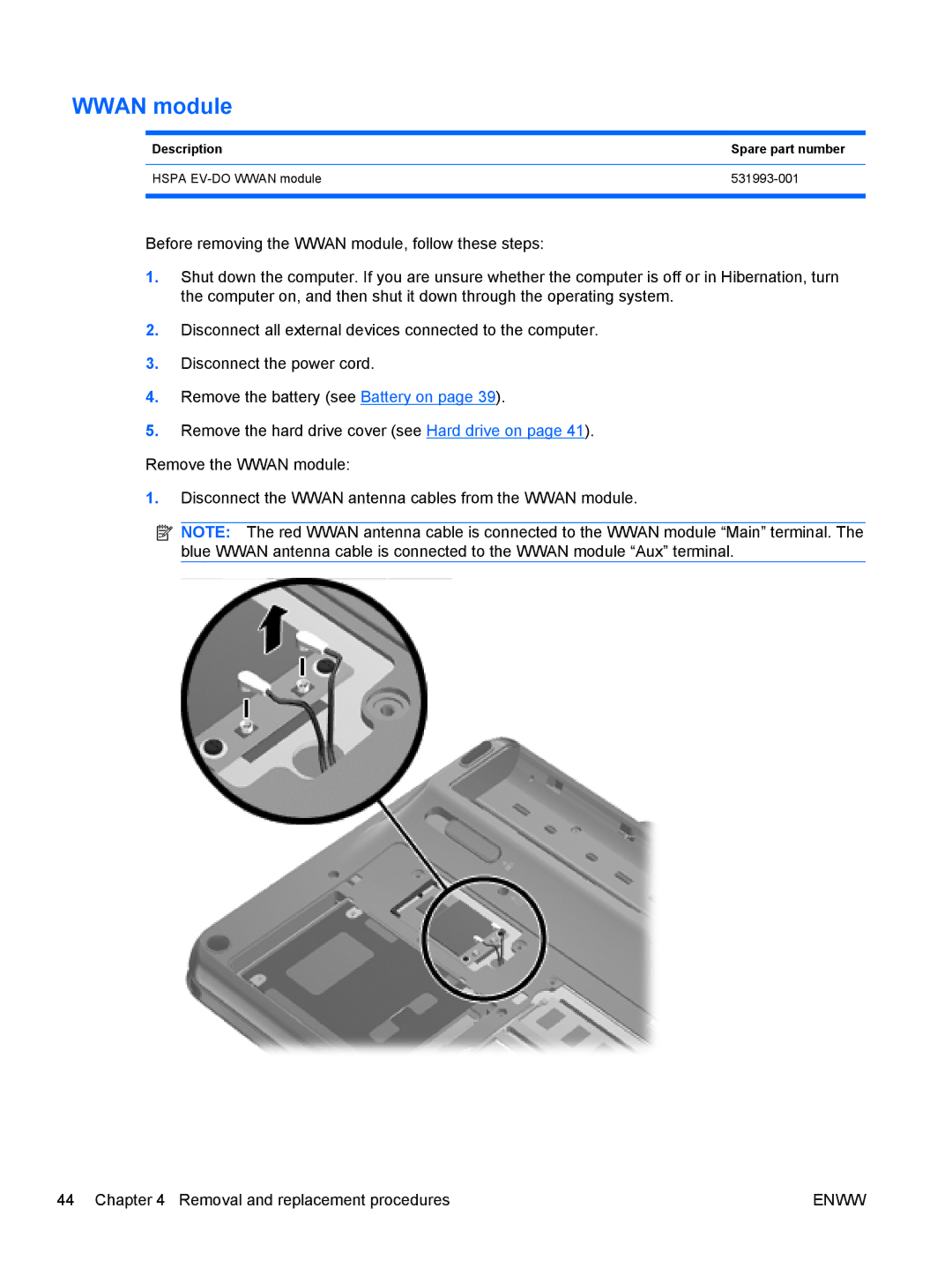 HP tm2-1012tx, tm2-1073nr, tm2-1070us, tm2-1079cl, tm2-1072nr, tm2-1020tx manual Wwan module, Description Spare part number 