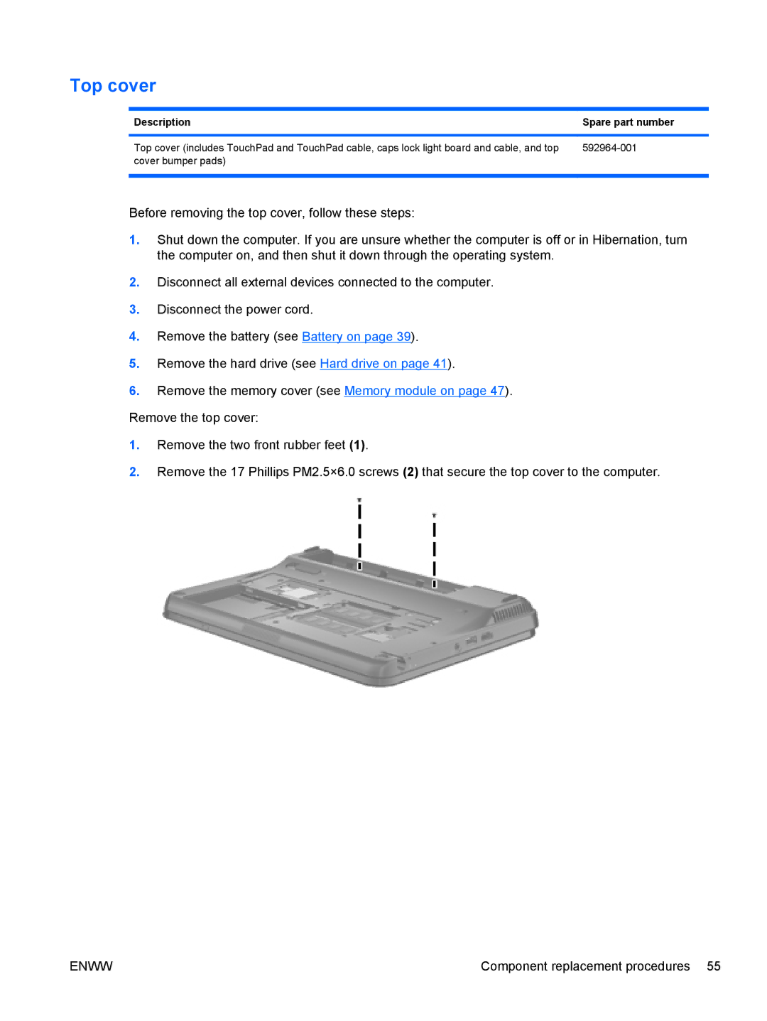 HP tm2-1013tx, tm2-1073nr, tm2-1070us, tm2-1079cl, tm2-1072nr, tm2-1020tx, tm2-1016tx, tm2-1014tx, tm2-1018tx manual Top cover 