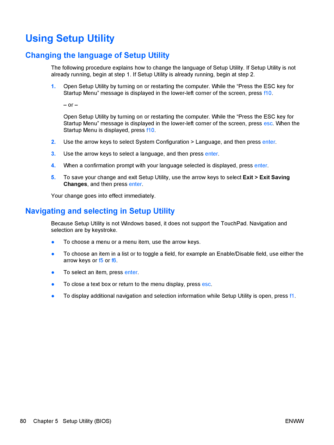 HP tm2-1020tx manual Using Setup Utility, Changing the language of Setup Utility, Navigating and selecting in Setup Utility 