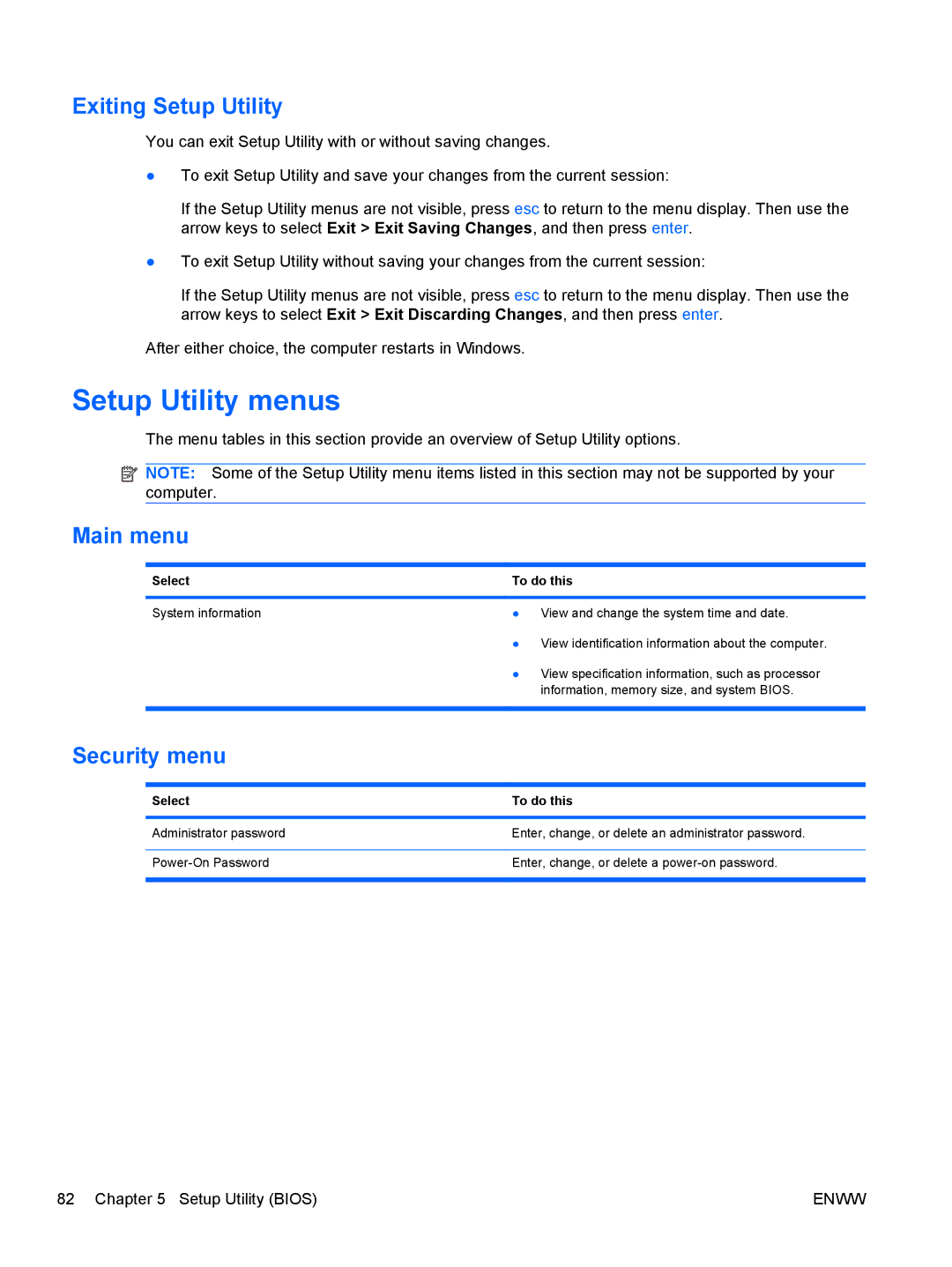 HP tm2-1014tx, tm2-1073nr manual Setup Utility menus, Exiting Setup Utility, Main menu, Security menu, Select To do this 