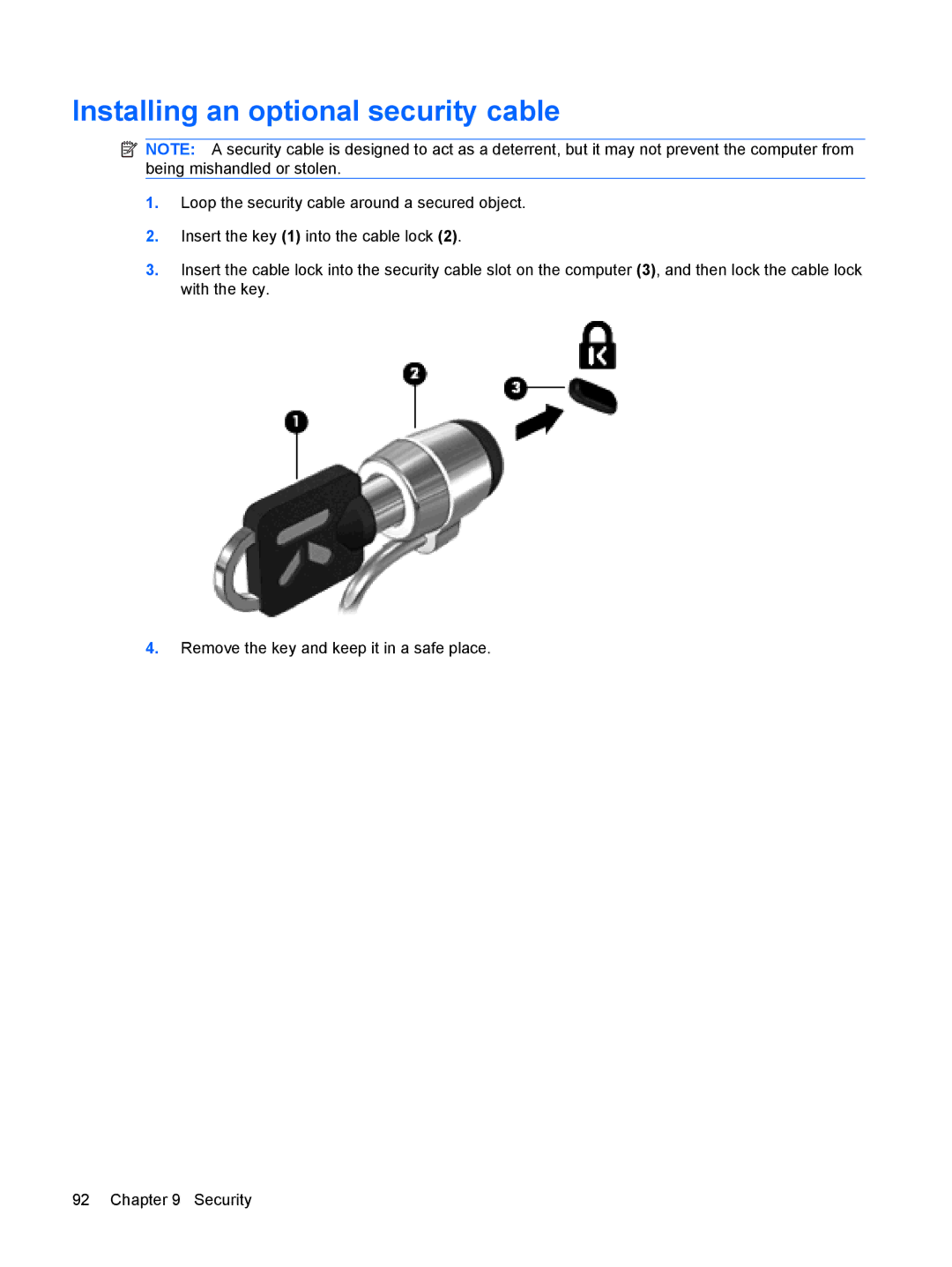 HP tm2-1014tx, tm2-2001sl, tm2-2001xx, tm2-1073nr, tm2-1070us, tm2-1072nr, tm2-1016tx Installing an optional security cable 