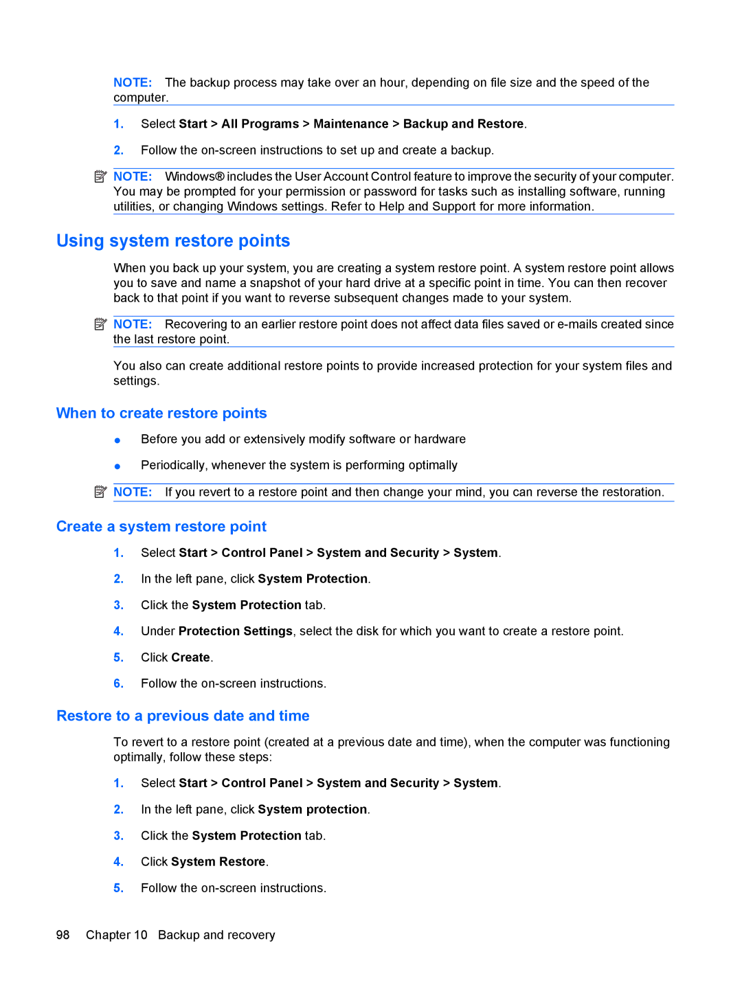 HP tm2-1005tx, tm2-2001sl manual Using system restore points, When to create restore points, Create a system restore point 