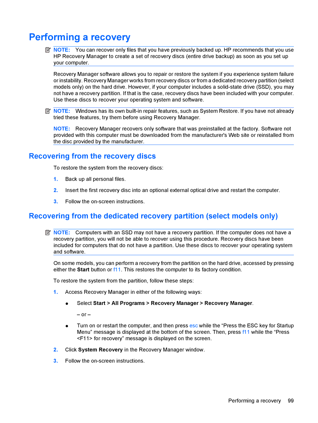 HP tm2-1000ee, tm2-2001sl, tm2-2001xx, tm2-1073nr, tm2-1070us manual Performing a recovery, Recovering from the recovery discs 