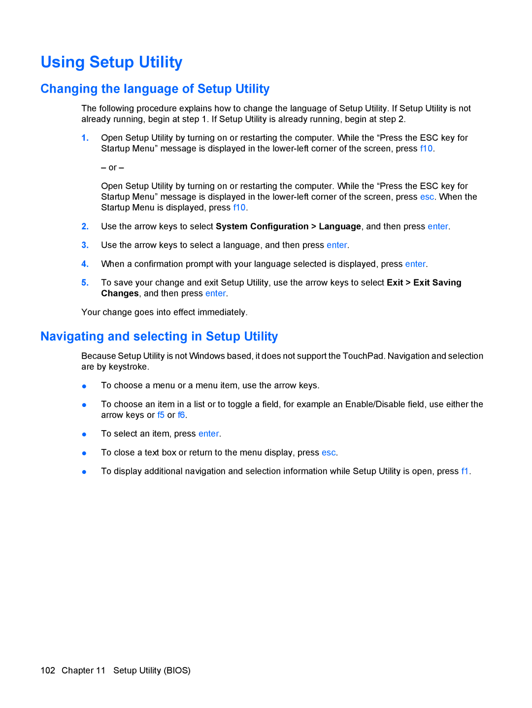 HP tm2-2150us manual Using Setup Utility, Changing the language of Setup Utility, Navigating and selecting in Setup Utility 