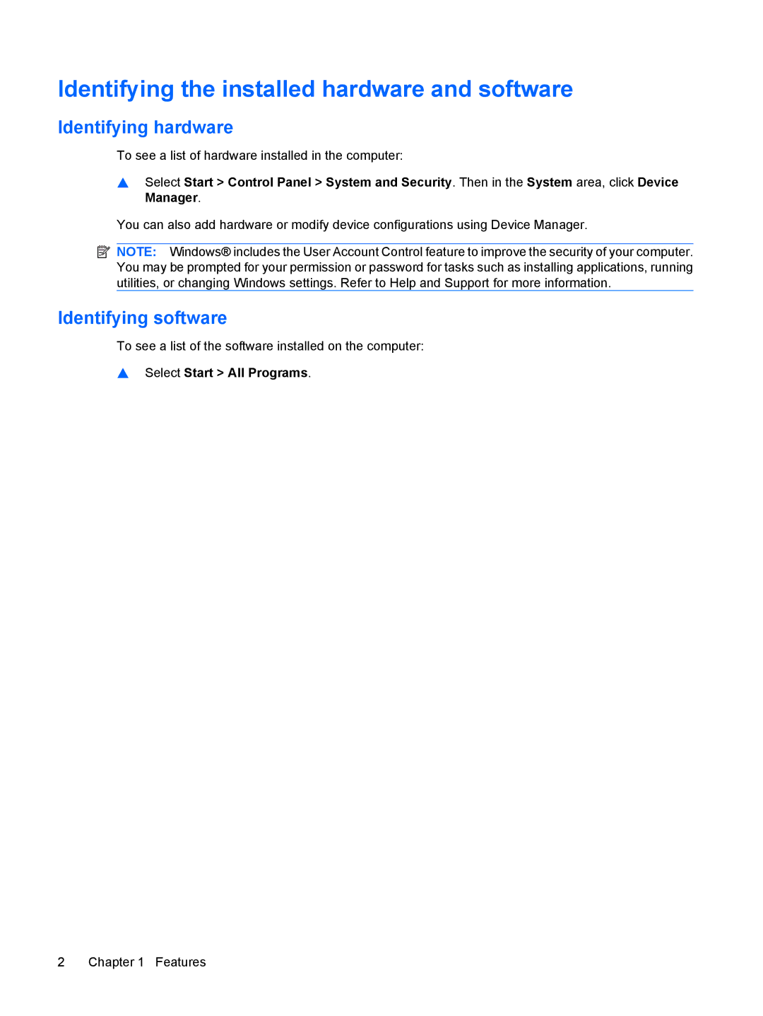 HP tm2-1005tx, tm2-2001sl manual Identifying the installed hardware and software, Identifying hardware, Identifying software 