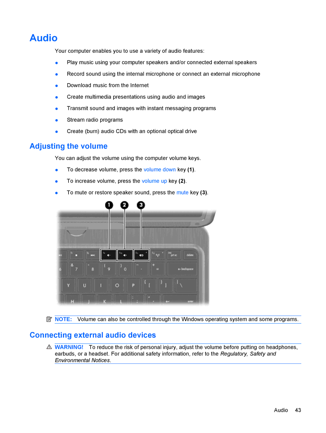 HP tm2-1016tx, tm2-2001sl, tm2-2001xx, tm2-1073nr, tm2-1070us Audio, Adjusting the volume, Connecting external audio devices 