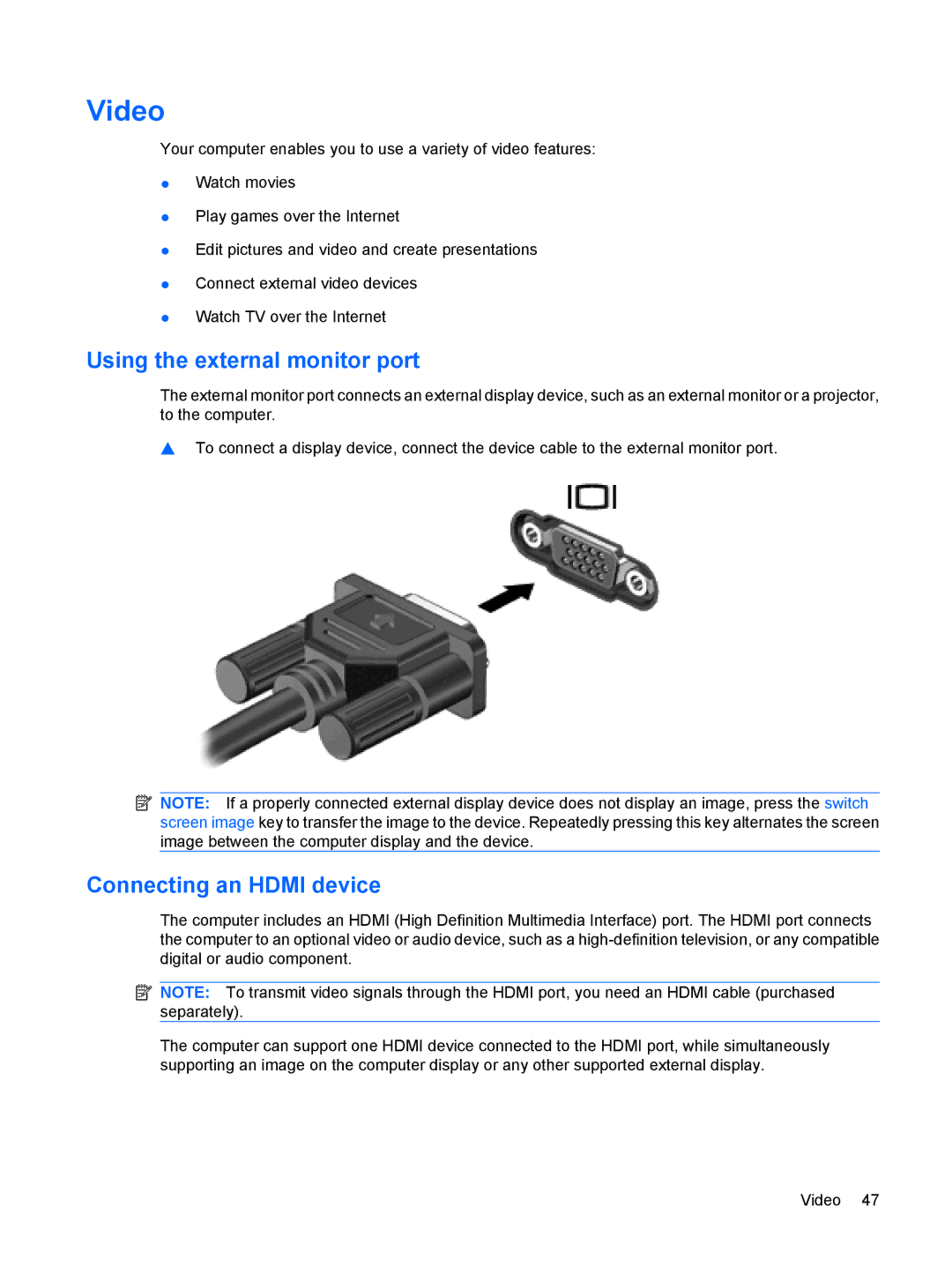 HP tm2-1010ee, tm2-2001sl, tm2-2001xx, tm2-1073nr manual Video, Using the external monitor port, Connecting an Hdmi device 