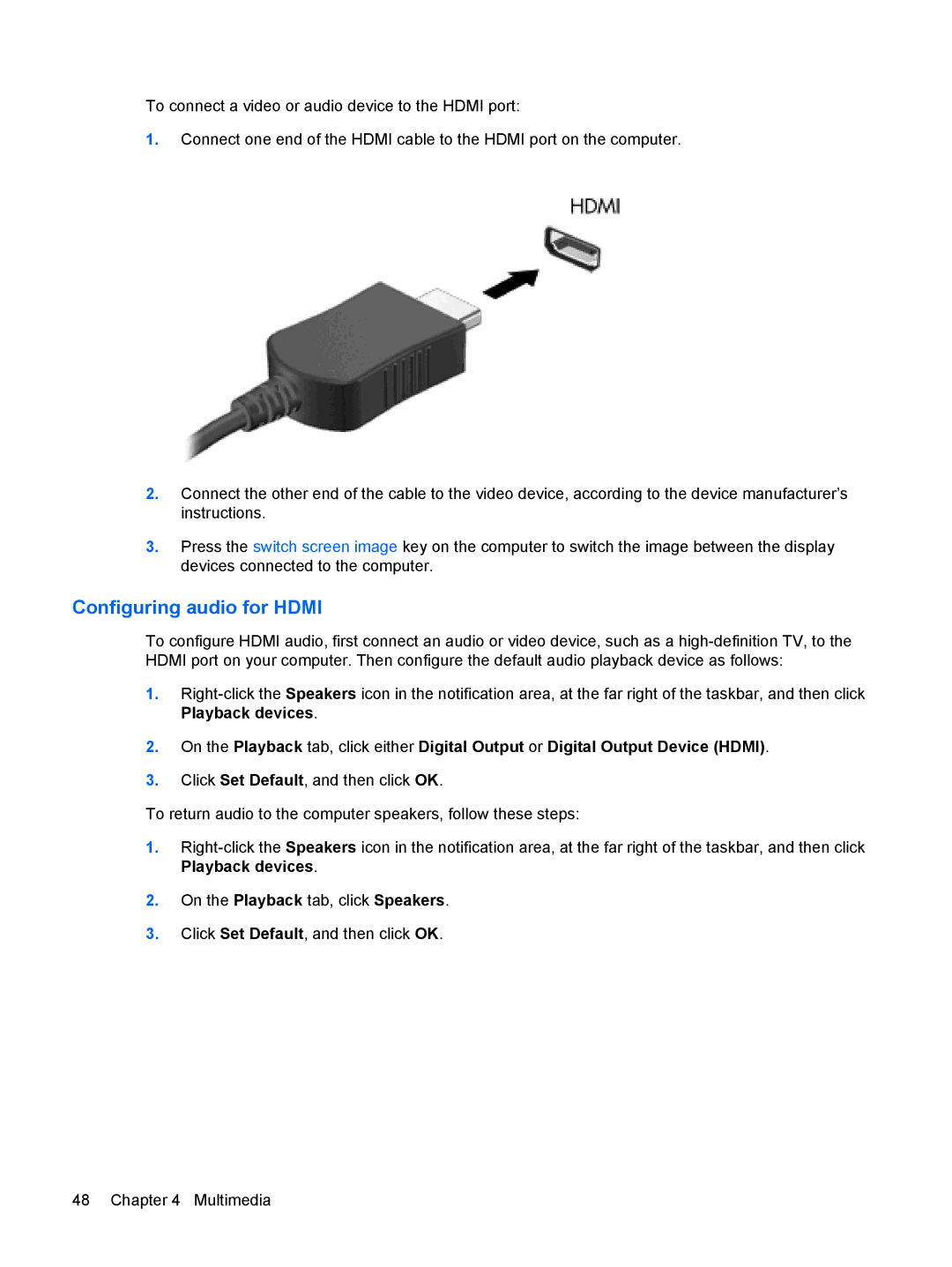 HP tm2-1012tx, tm2-2001sl, tm2-2001xx, tm2-1073nr, tm2-1070us, tm2-1072nr, tm2-1016tx, tm2-1014tx Configuring audio for Hdmi 