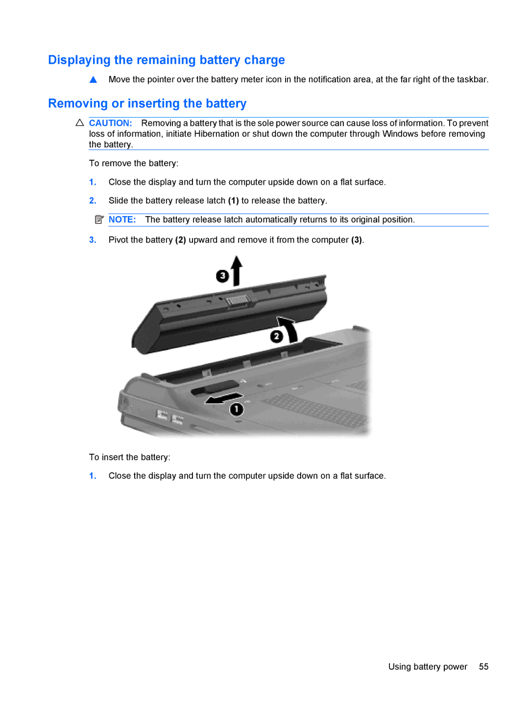 HP tm2-2057sb, tm2-2001sl, tm2-2001xx, tm2-1073nr Displaying the remaining battery charge, Removing or inserting the battery 