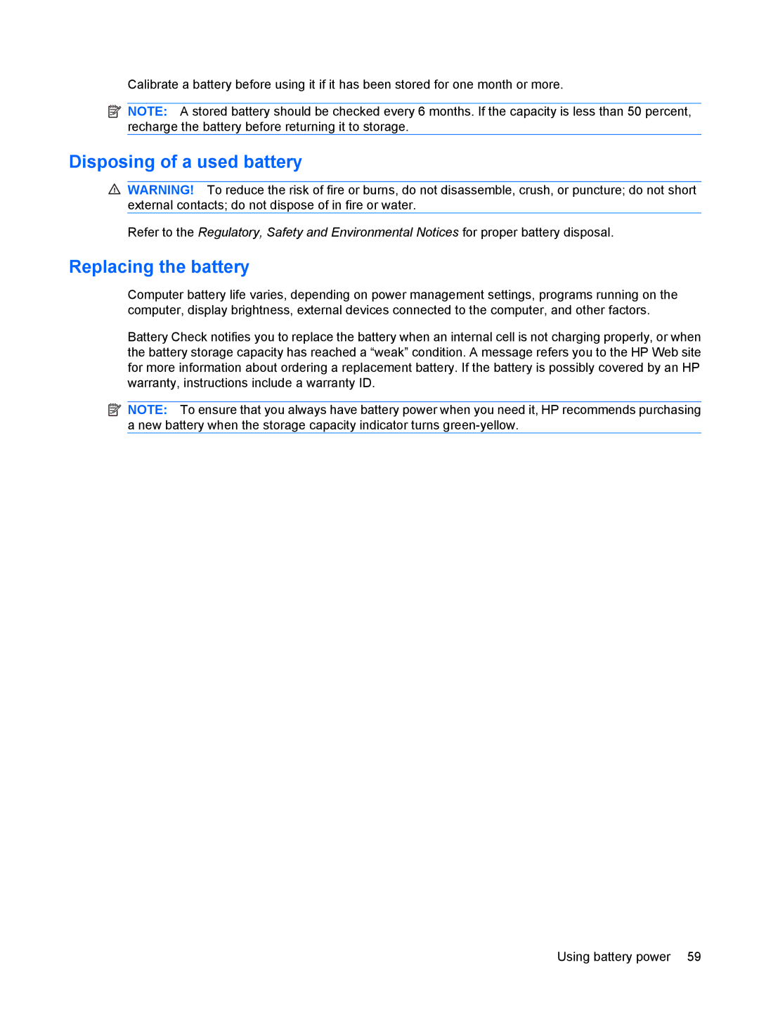 HP tm2t-1100, tm2-2001sl, tm2-2001xx, tm2-1073nr, tm2-1070us, tm2-1072nr Disposing of a used battery, Replacing the battery 