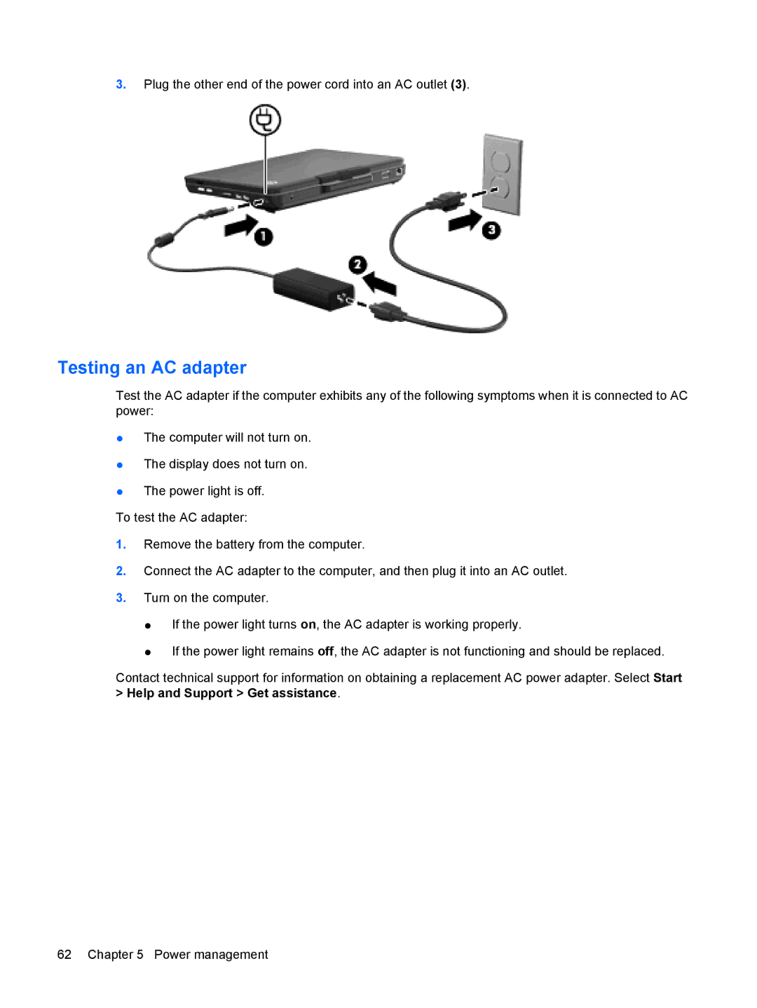 HP tm2-2001sl, tm2-2001xx, tm2-1073nr, tm2-1070us, tm2-1072nr, tm2-1016tx, tm2-1014tx, tm2-1013tx manual Testing an AC adapter 