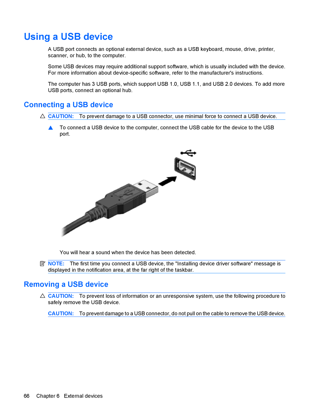 HP tm2-1072nr, tm2-2001sl, tm2-2001xx, tm2-1073nr manual Using a USB device, Connecting a USB device, Removing a USB device 