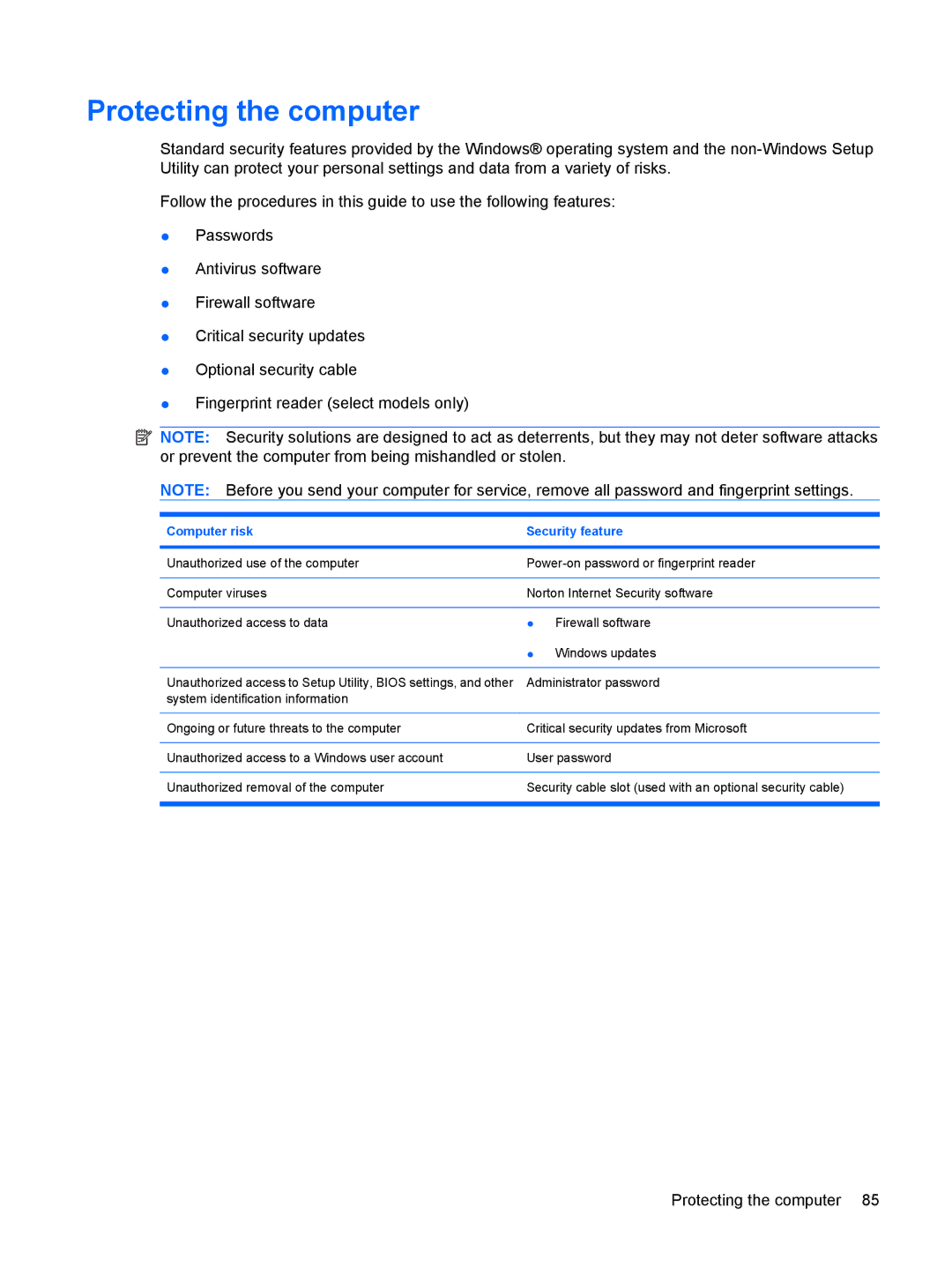 HP tm2-2150ca, tm2-2001sl, tm2-2001xx, tm2-1073nr, tm2-1070us manual Protecting the computer, Computer risk Security feature 