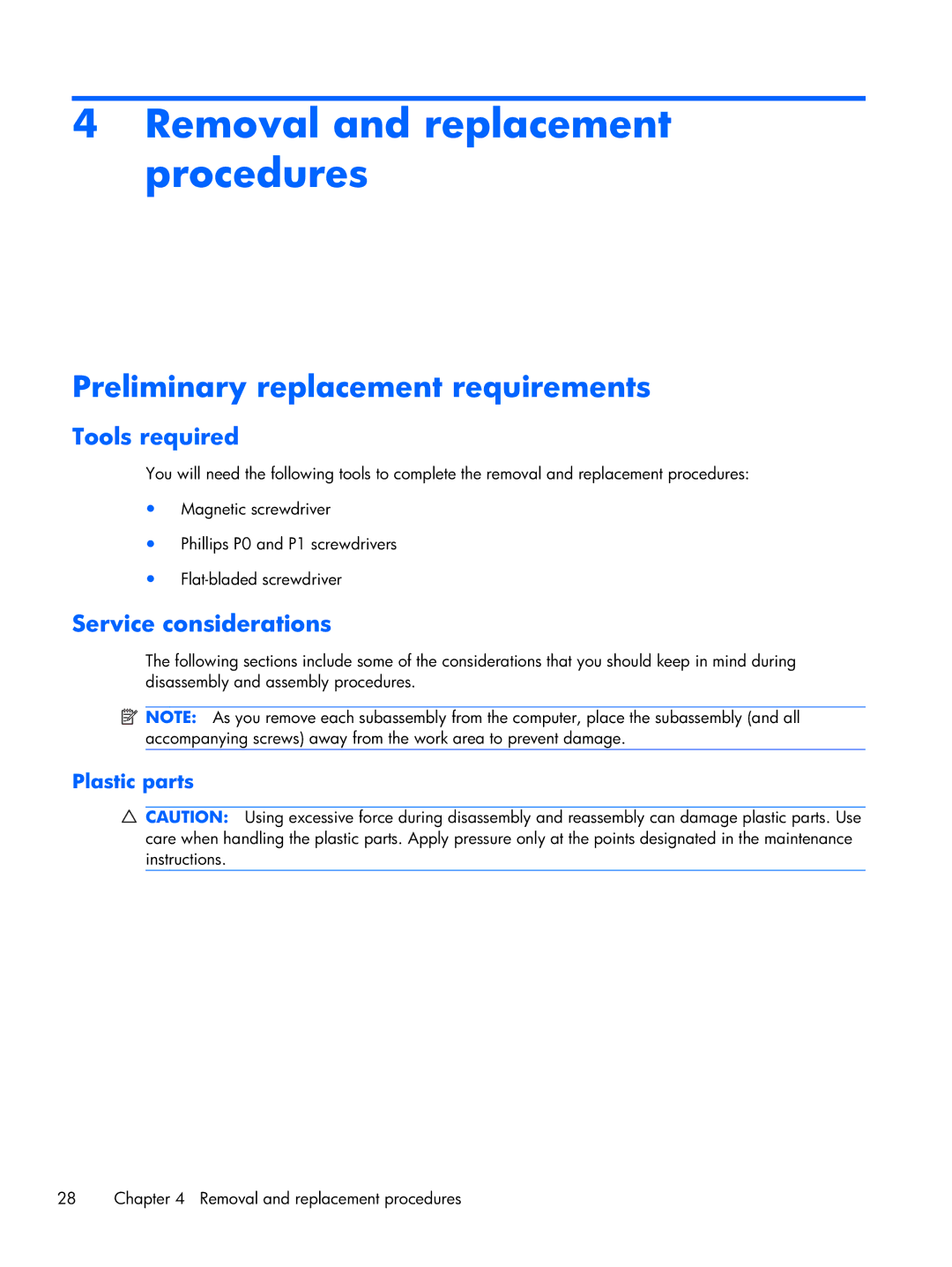 HP tm2-2050us, tm2-2001sl manual Removal and replacement procedures, Preliminary replacement requirements, Tools required 