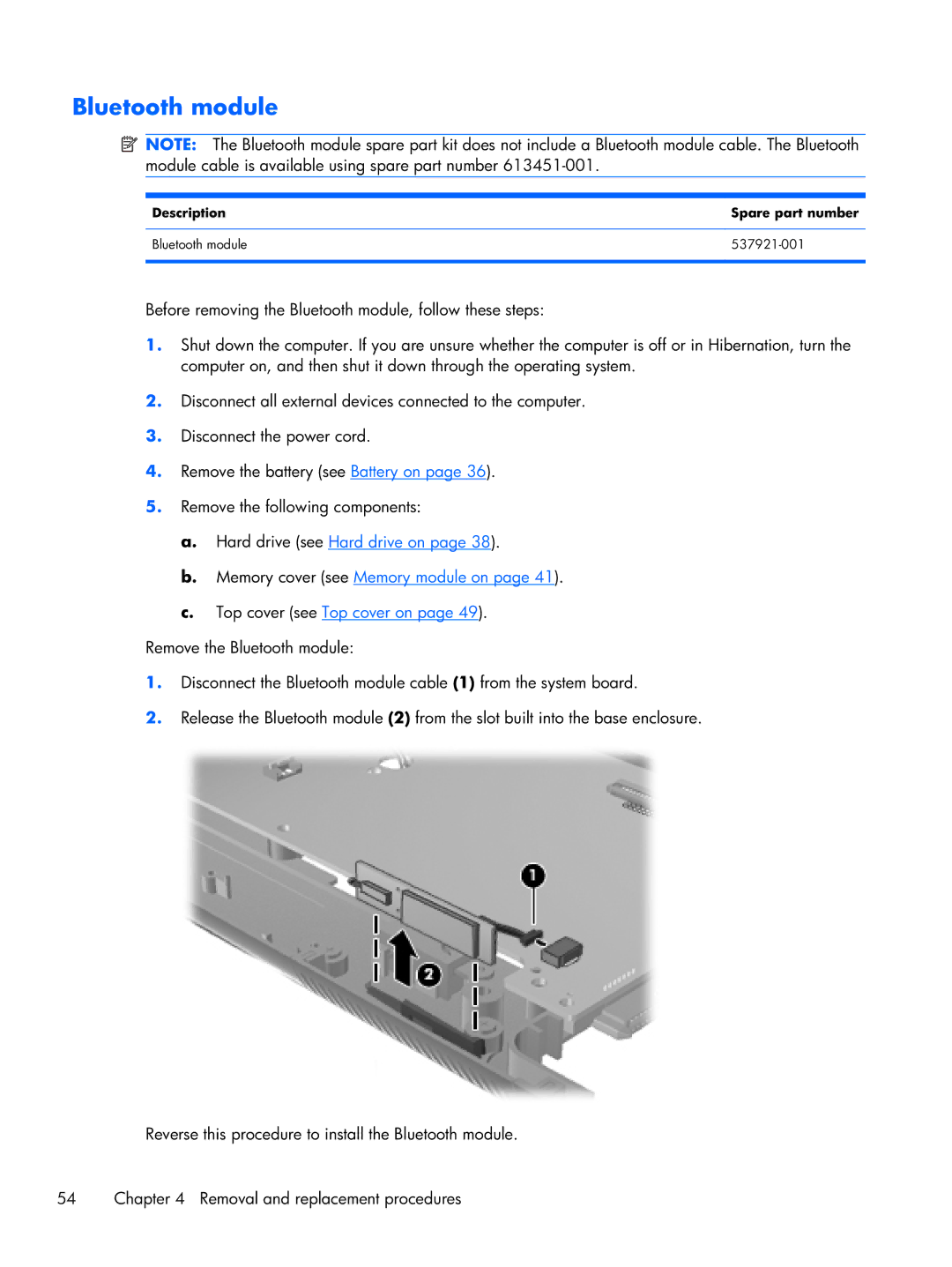 HP tm2-2001xx, tm2-2001sl, tm2-2050us, tm2-2052nr, tm2-2150us Description Spare part number Bluetooth module 537921-001 