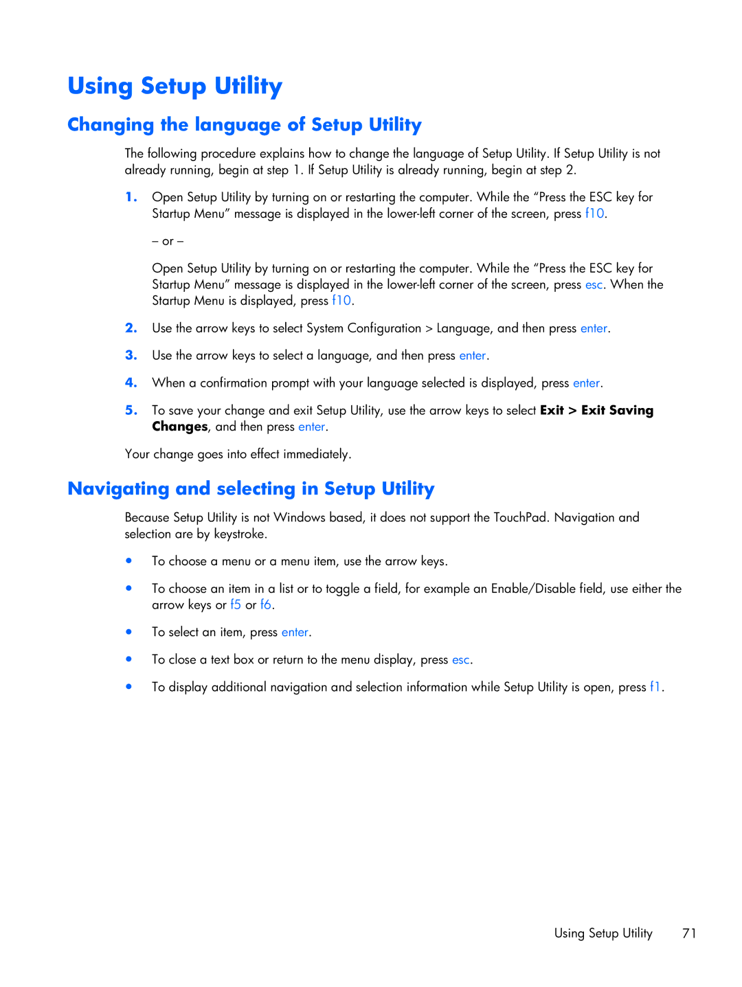 HP tm2-2001sl manual Using Setup Utility, Changing the language of Setup Utility, Navigating and selecting in Setup Utility 