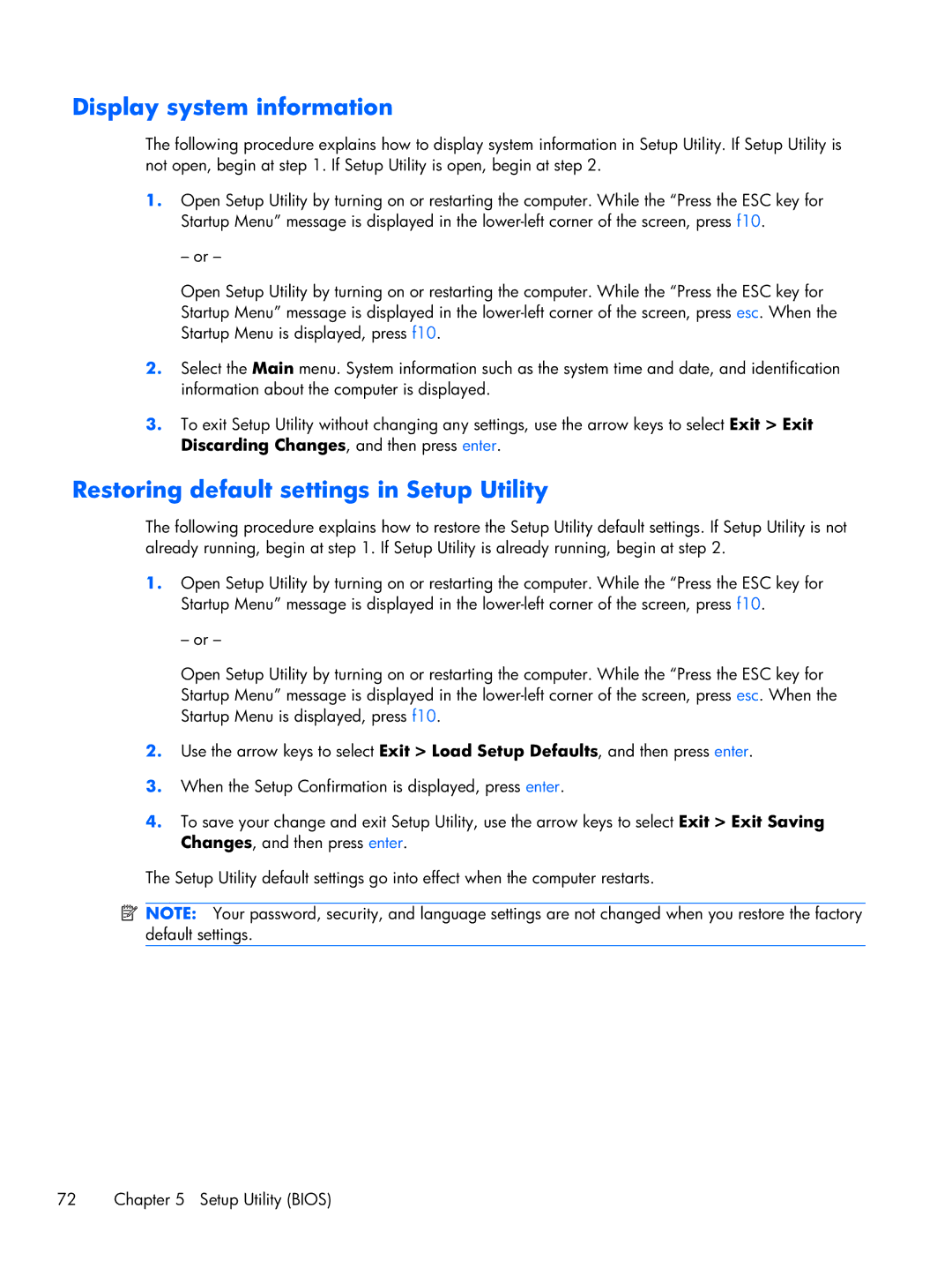 HP tm2-2001xx, tm2-2001sl, tm2-2050us, tm2-2052nr Display system information, Restoring default settings in Setup Utility 