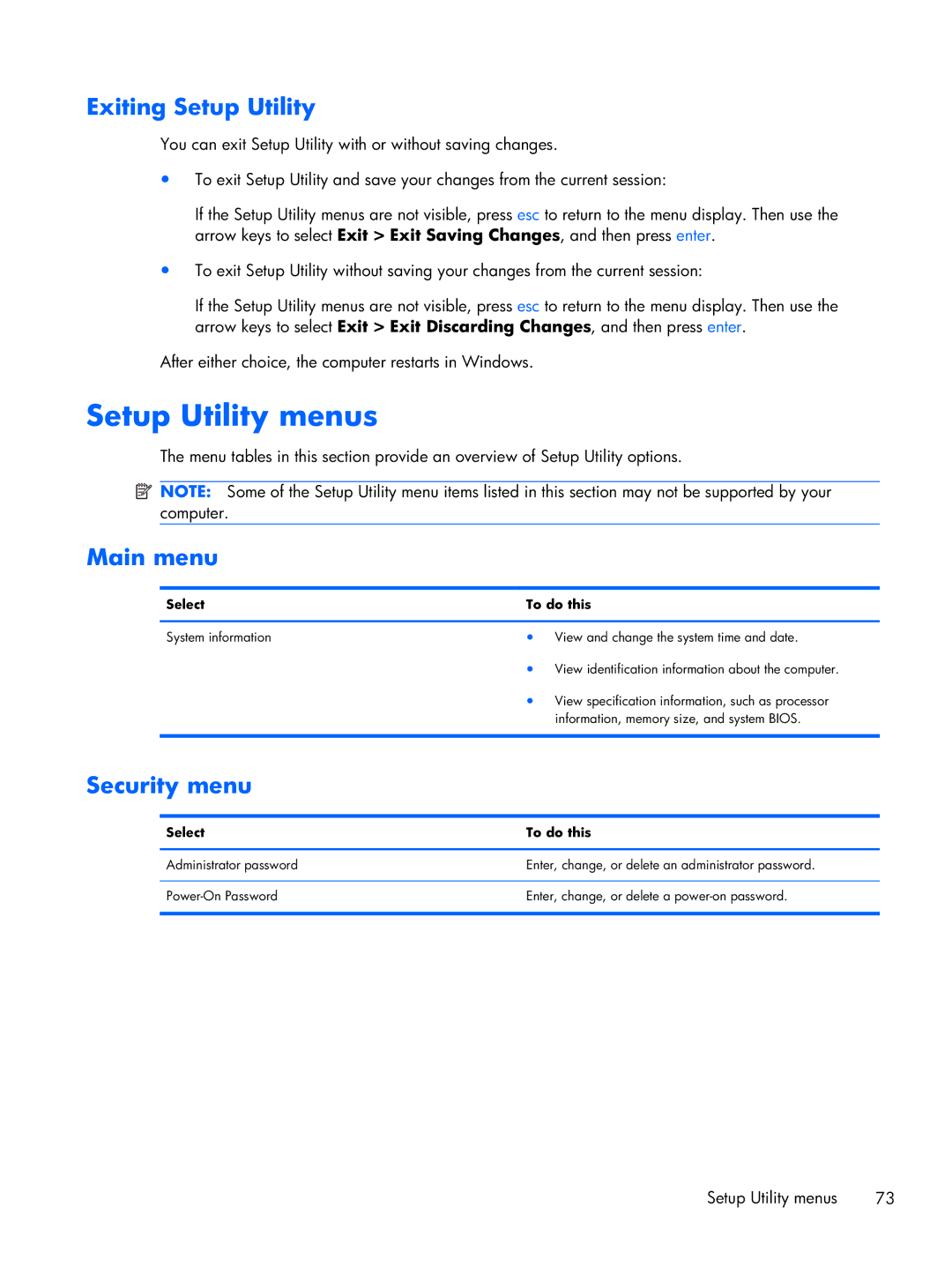 HP tm2-2050us, tm2-2001sl, tm2-2001xx, tm2-2052nr manual Setup Utility menus, Exiting Setup Utility, Main menu, Security menu 